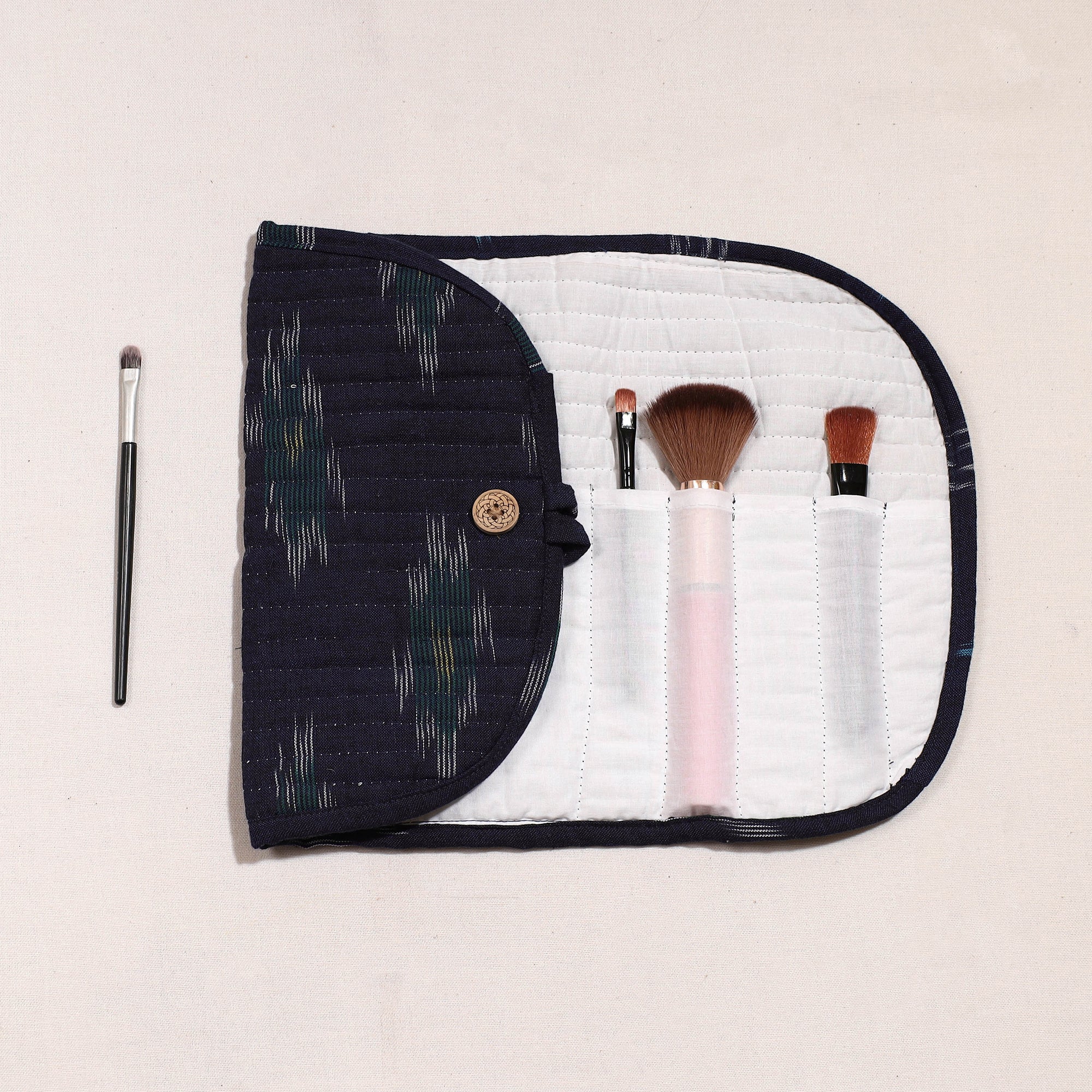NOORI BAZAR Black - Ikat Fabric Multipurpose Segmented Make-up Brush Wrap Pouch/Case