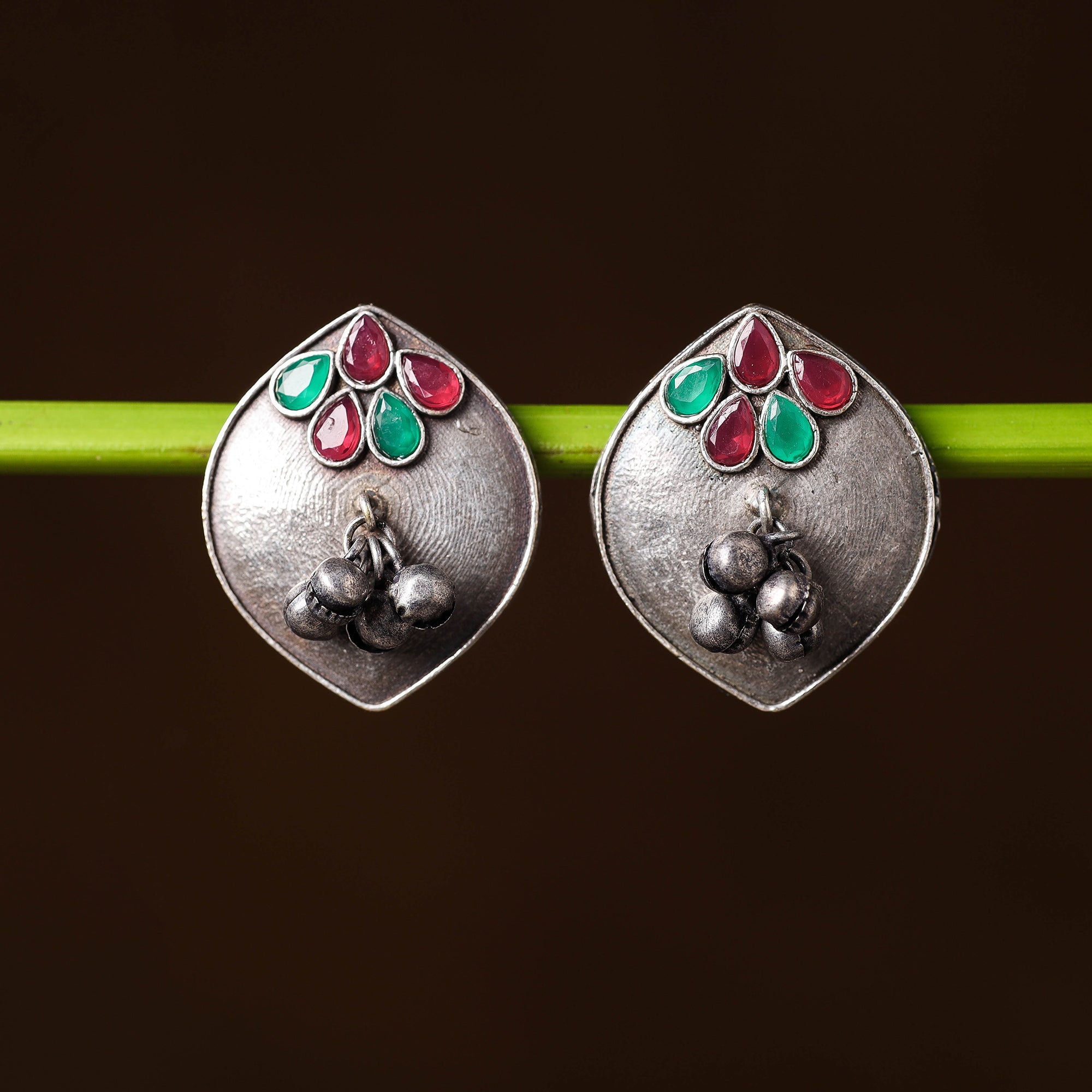 WHITE RIVER STORIES Antique Silver Finish Oxidised Brass Base Stone Work Stud Earrings
