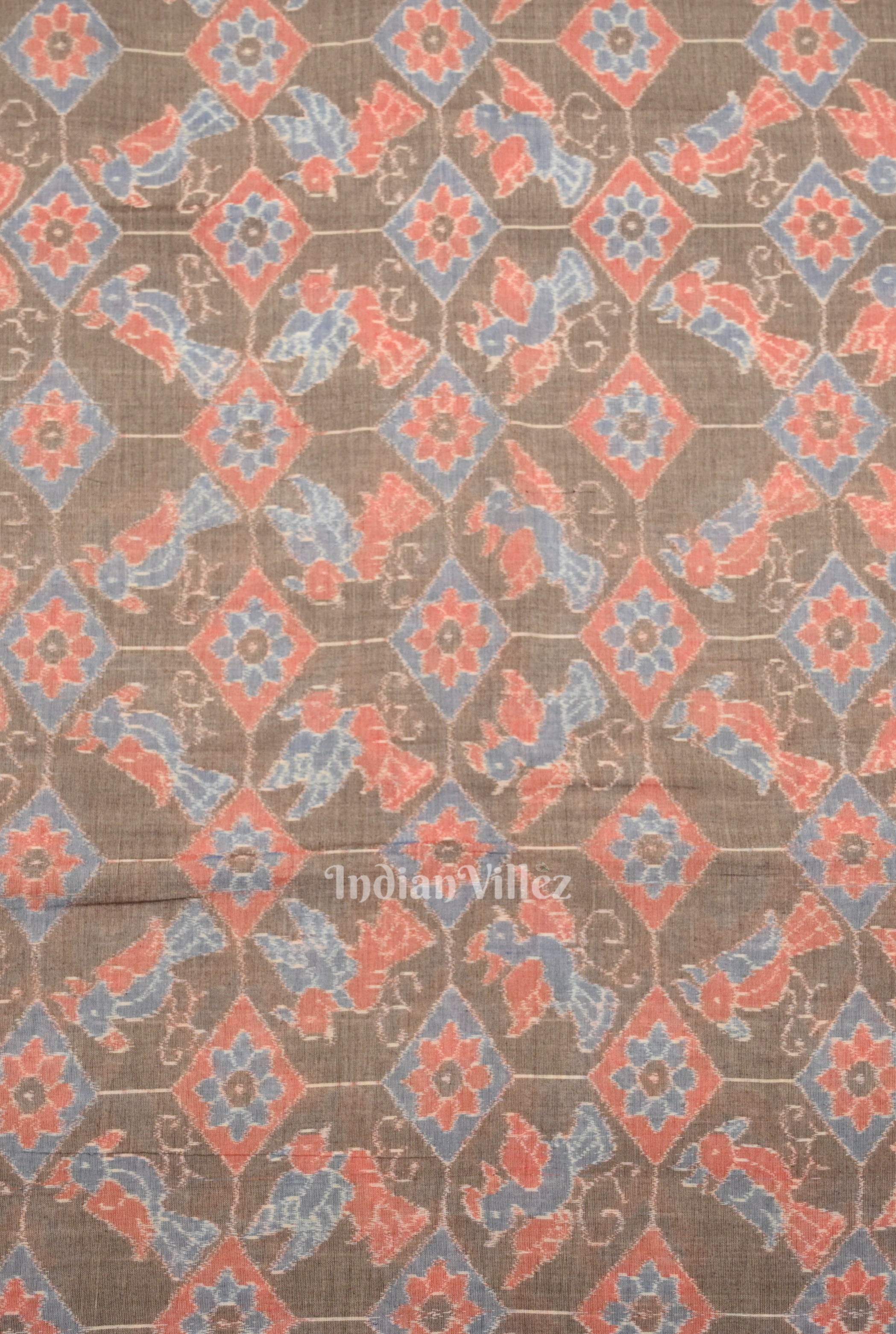 IndianVillèz Gray Floral Bird Theme Sambalpuri Odisha Ikat Cotton Fabric - view 3