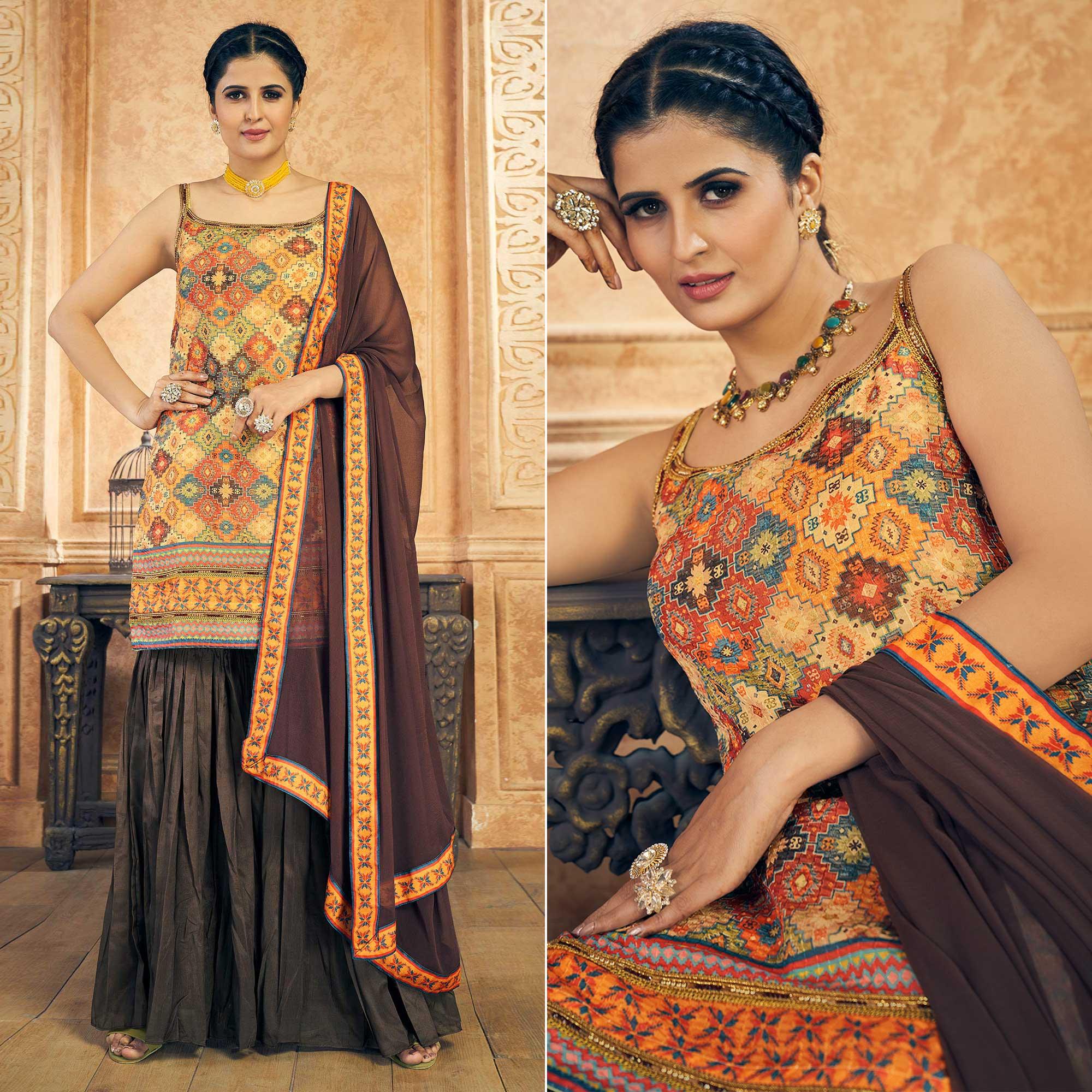 Peachmode Multicolor Embroidered Chiffon Sharara Suit