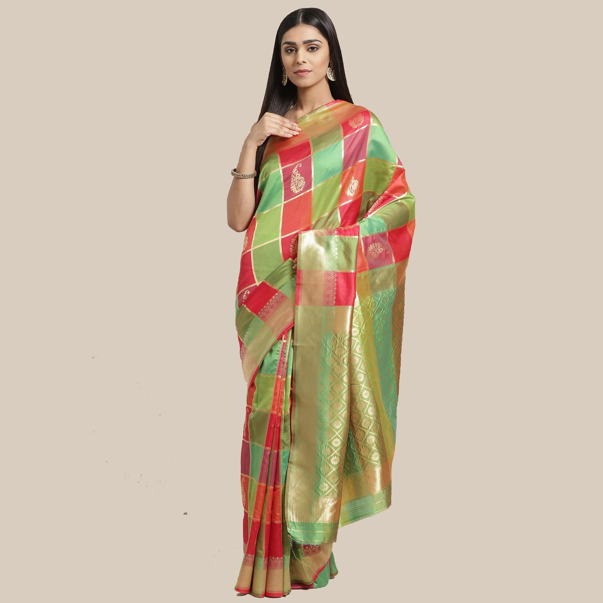 Peachmode Fantastic Green-Pink Colored Festive Wear Woven Silk Blend Saree
