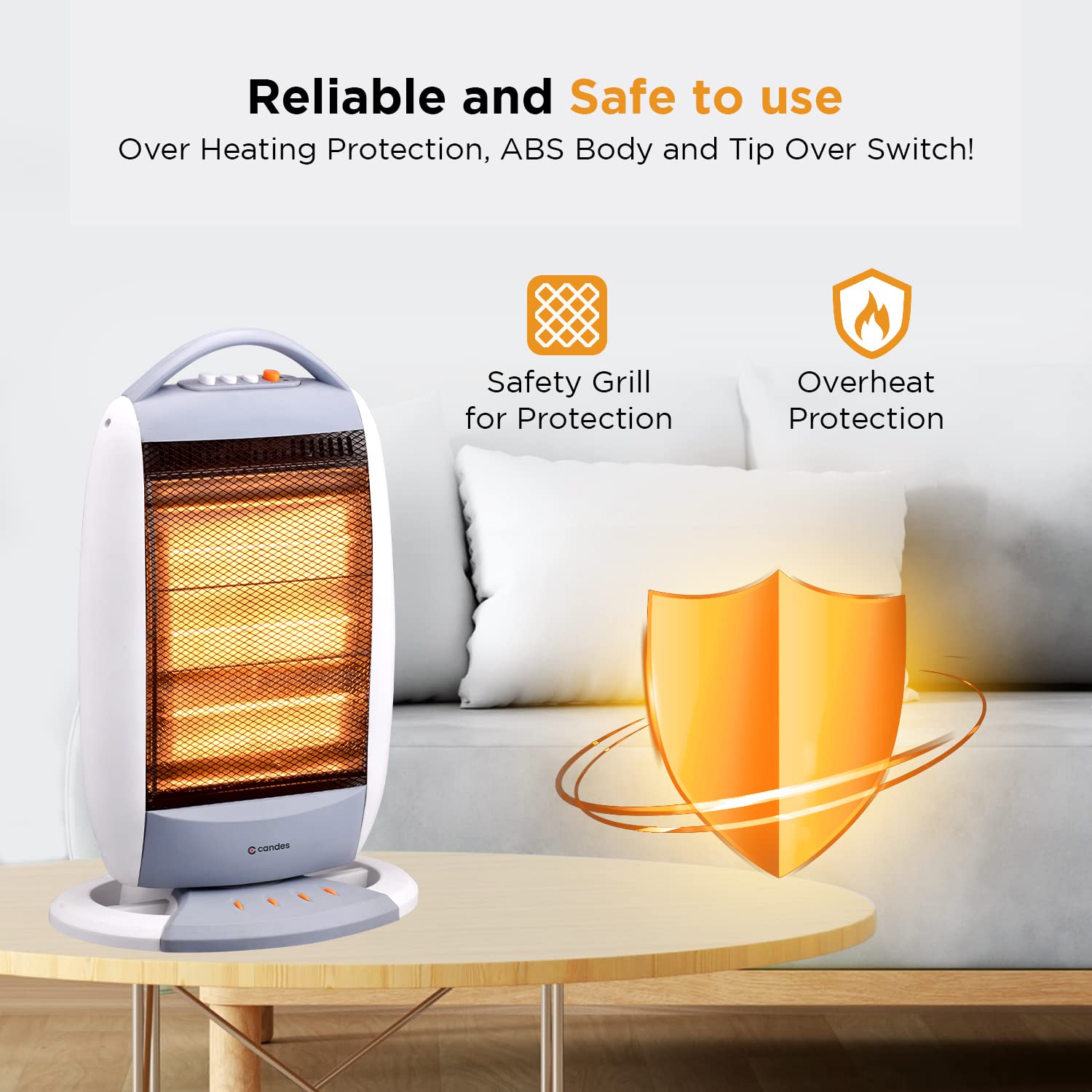 Candes New Infra3 1200 Watt Noiseless Portable Halogen Room Heater with Auto Moving Feature upto 180 degree ABS Body 3 Stage Heating Controller Overhe - view 4