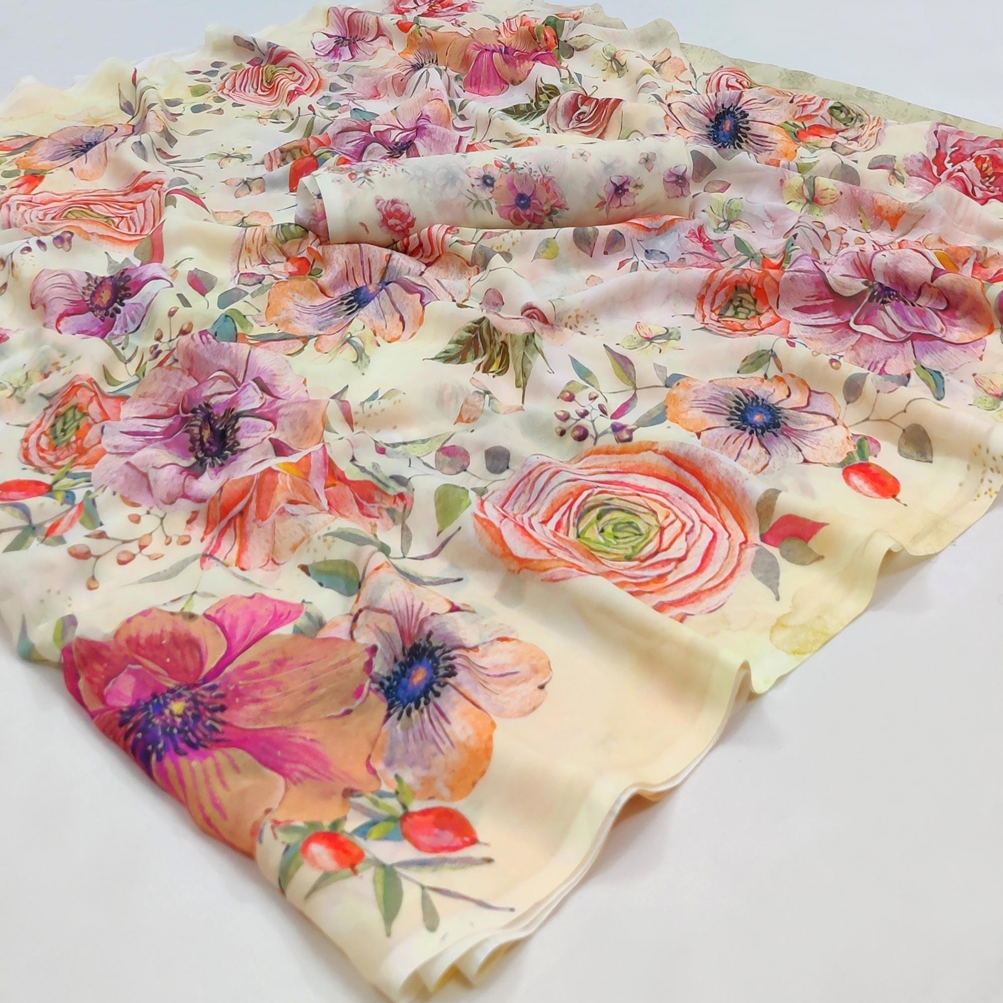 Peachmode Cream Printed Georgette Saree – Women's