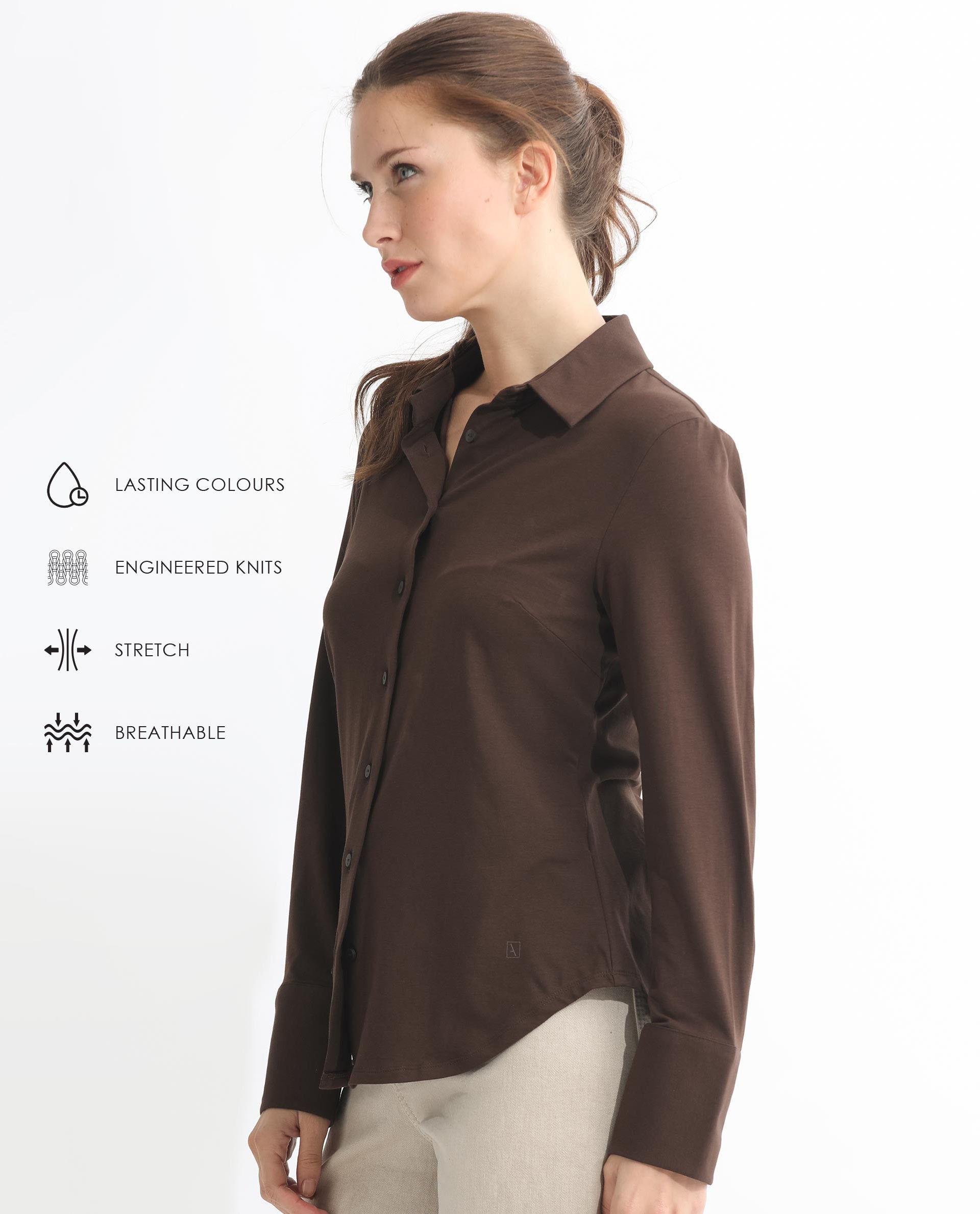 Rareism Women Spie Dark Brown Regular Sleeve Collared Neck Solid Shirt - view 2