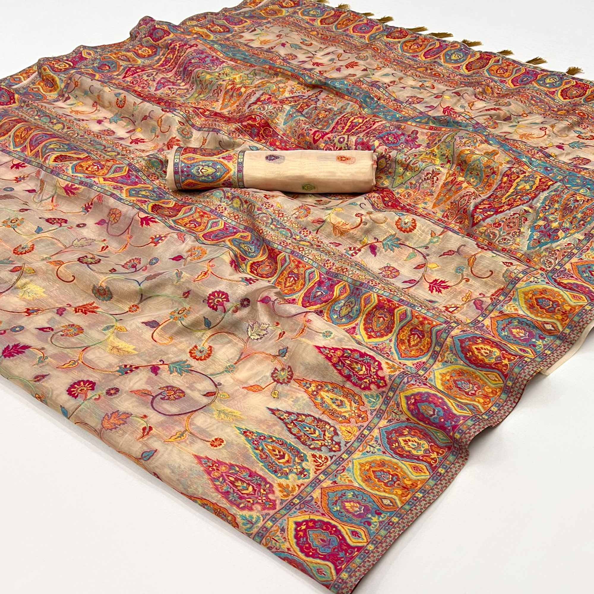 Peachmode Chikoo Woven Kashmiri Organza Saree With Tassels