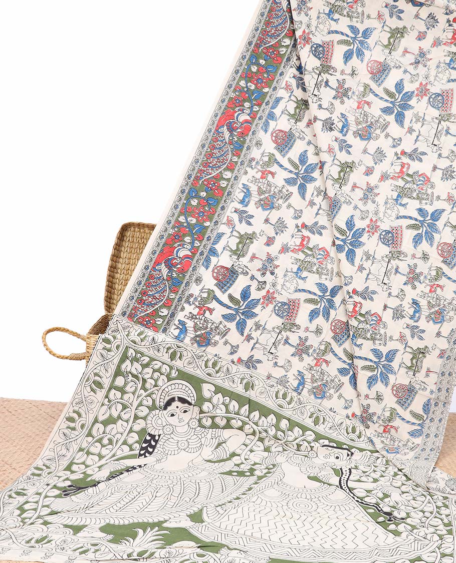 Pothys White village-theme machine-print kalamkari cotton saree, contrast floral creeper & peacock border & human figurines pallu