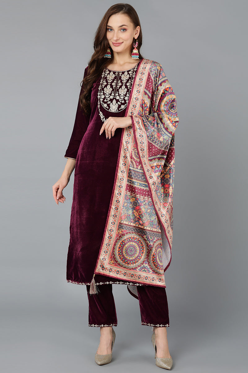 Ahika Burgundy Velvet Straight Kurta Pant With Dupatta PKSKD1766 - view 6