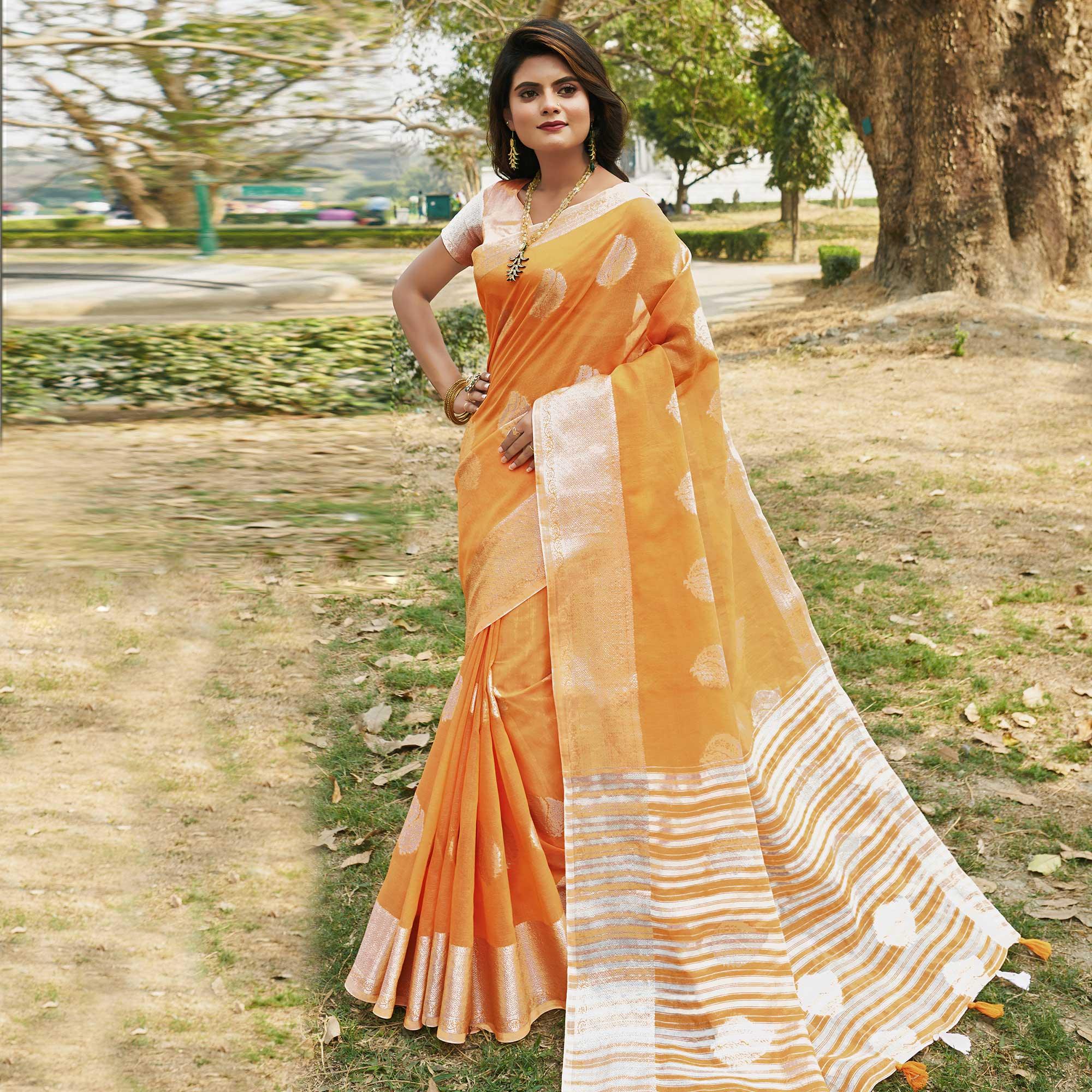 Peachmode Eye-catching Orange Colored Festive Wear Woven Linen Cotton Saree