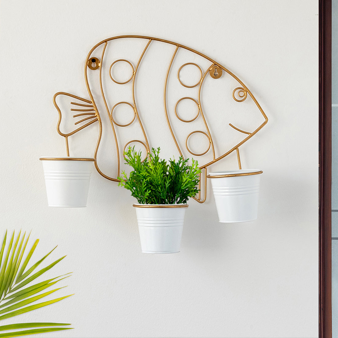 EXCLUSIVELANE 'Fish' Wall Planter Pots In Galvanized Iron (14 Inch, Brass Finish)