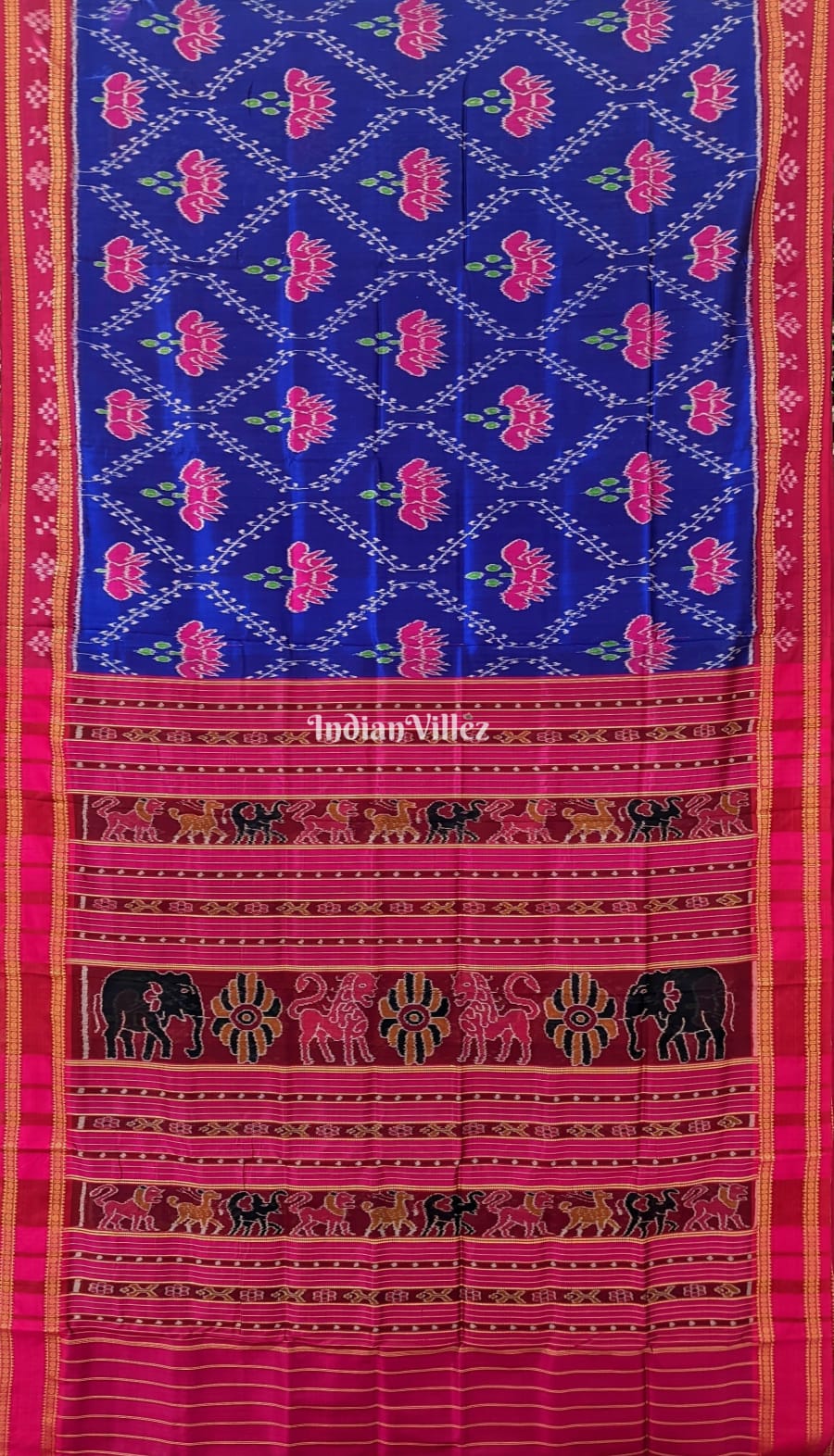 IndianVillèz Blue Pasapali Border Lotus Design Khandua Silk Saree