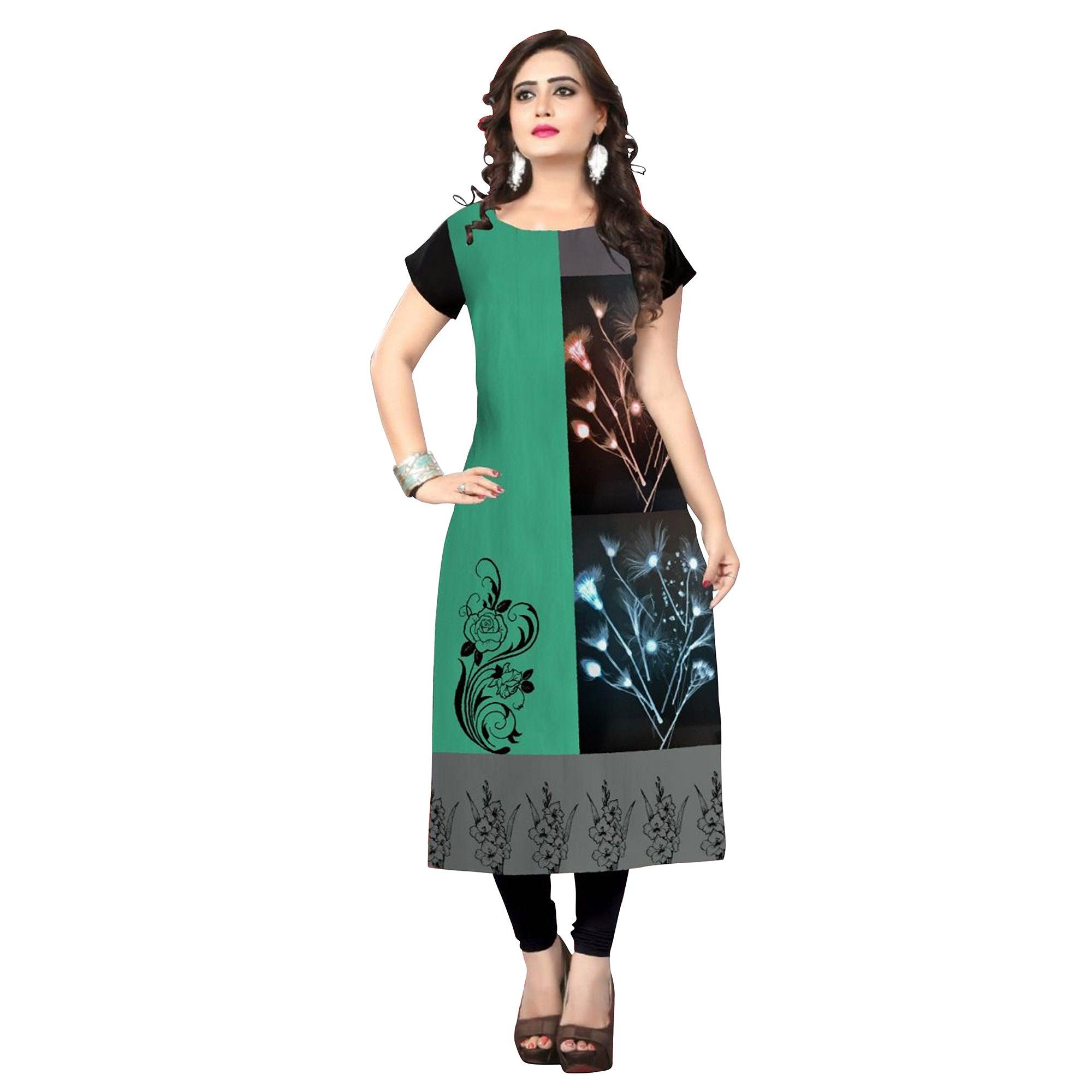 Peachmode Seller Lovely Black-Green Colored Casual Printed Crepe Kurti