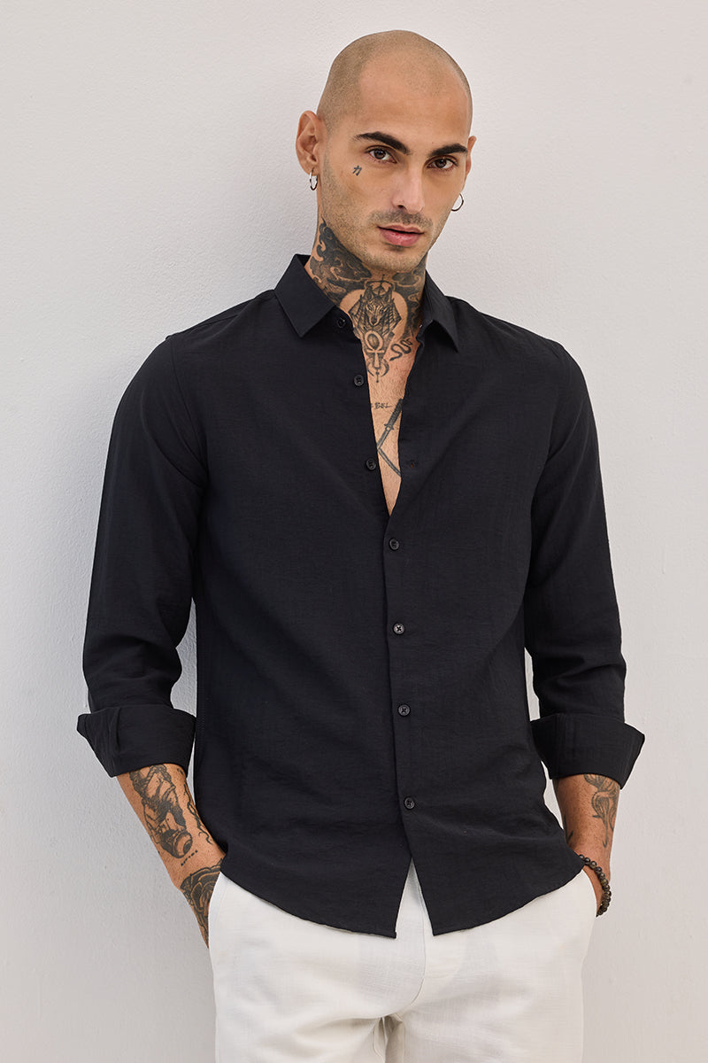 SNITCH Black Slim Fit Linen Shirt