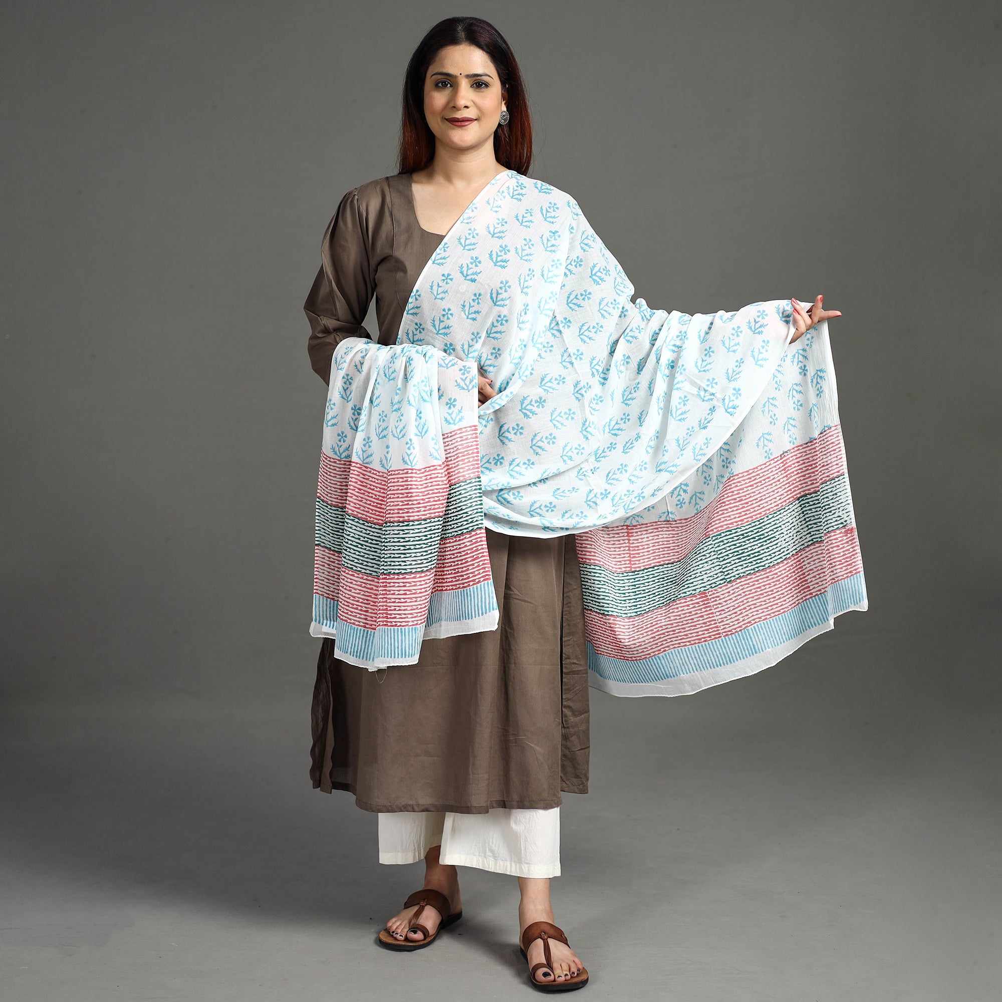 ARTISAN HAND BLOCK PRINTS Blue - Block Printed Mul Cotton Sanganeri Dupatta 60