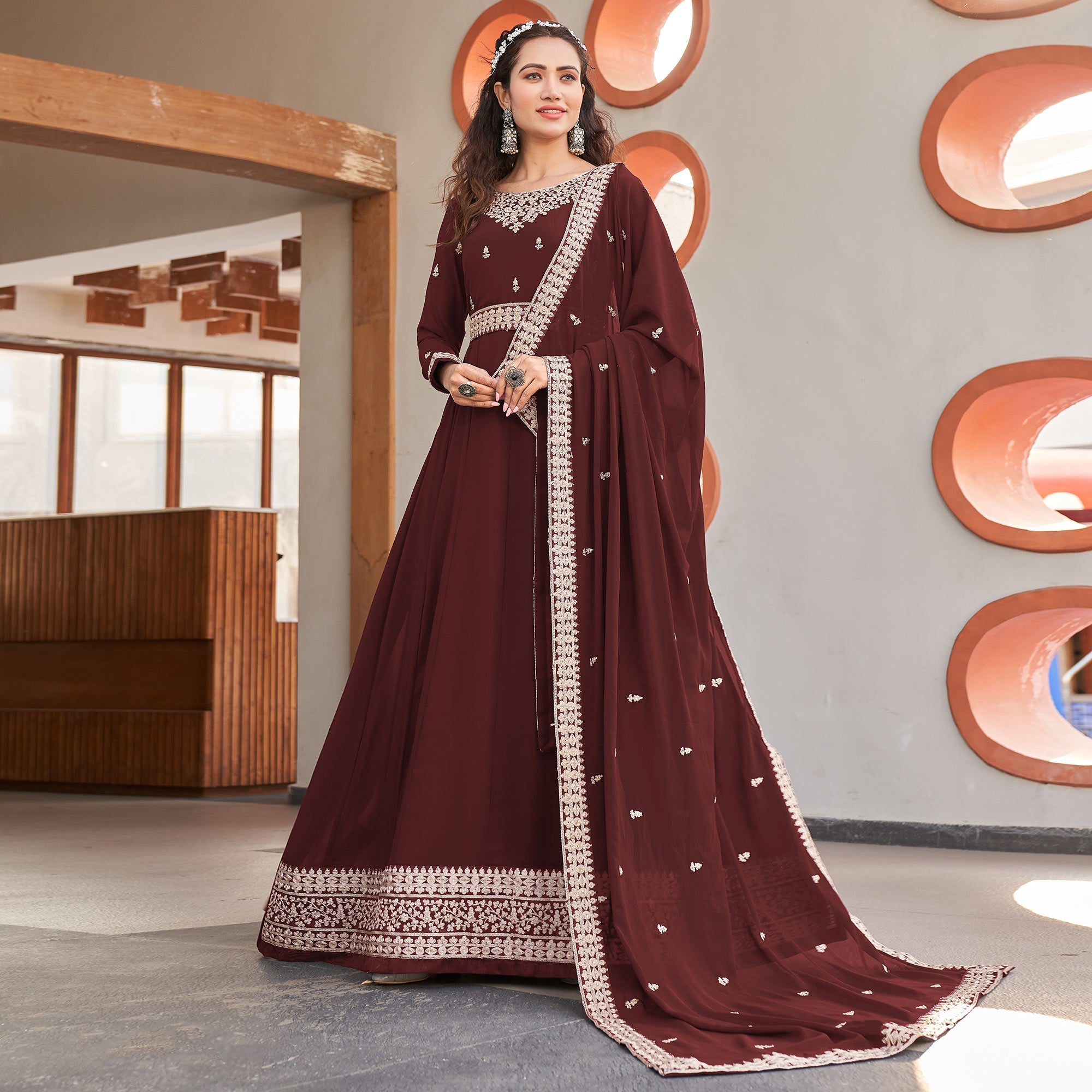 Peachmode Coffee Brown Sequins Embroidered Georgette Anarkali Suit