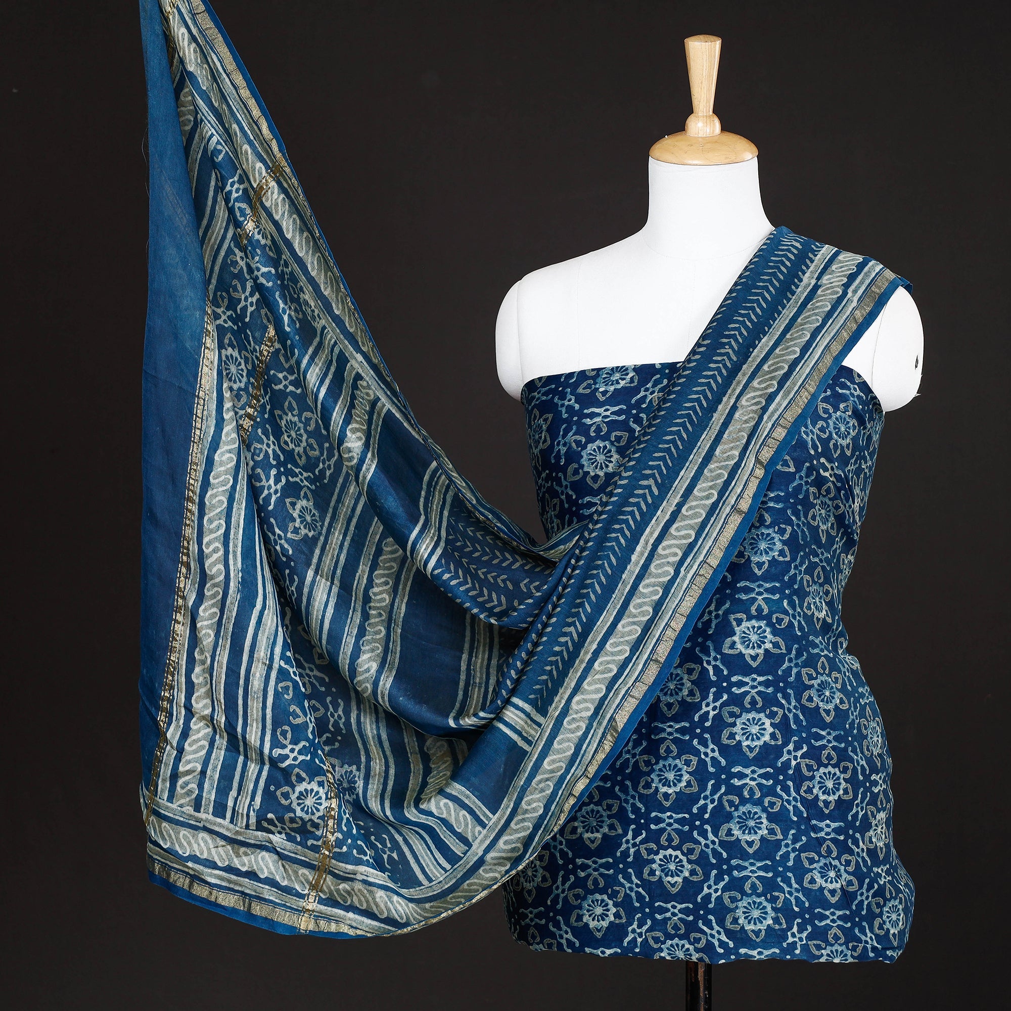HAVELI CHRONICLES Blue - 3pc Akola Block Printed Chanderi Silk Suit Material Set