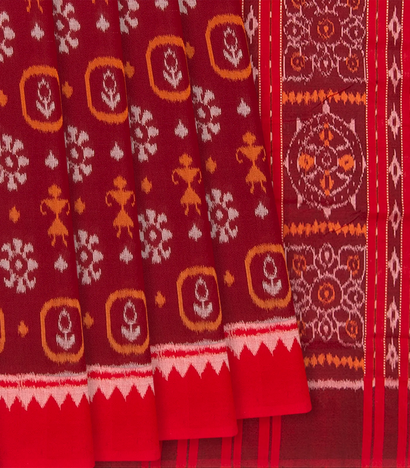 RmKV Maroon Handloom Orissa Cotton Saree With Ikat Floral Motifs-Maroon