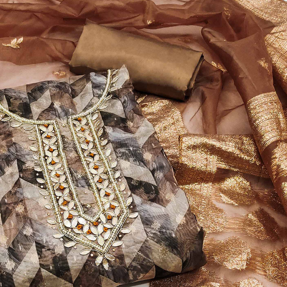 Peachmode Brown Digital Printed With Woven Organza Dress Material - view 2