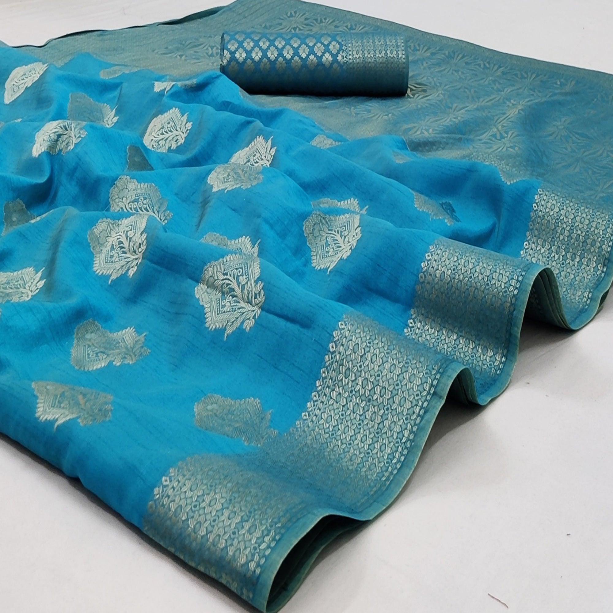 Peachmode Firozi Festive Wear Floral Woven Art Silk Saree