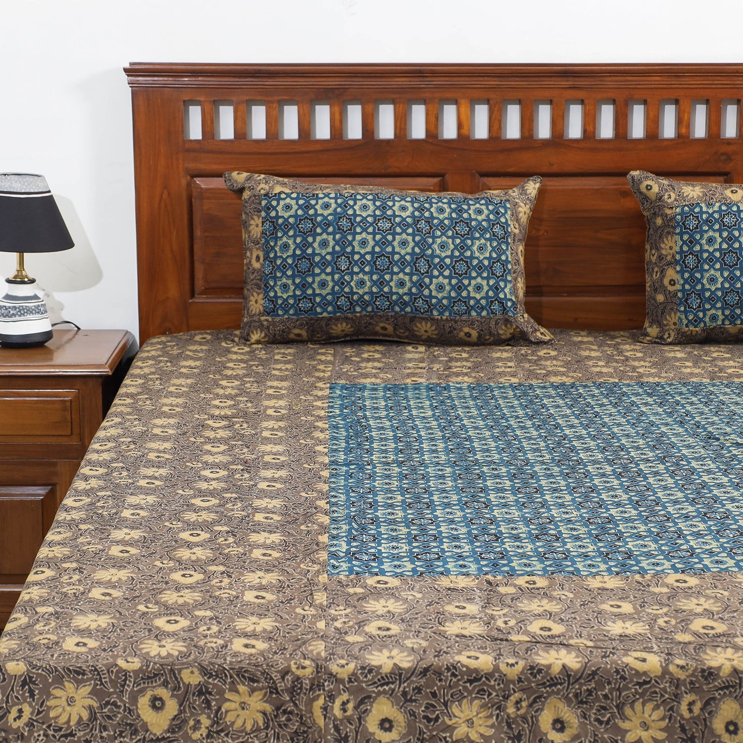 HAVELI CHRONICLES Brown - Ajrakh Patch Tukdi Kaam Cotton Double Bed Cover with Pillow Covers (109 x 86 in) - view 2