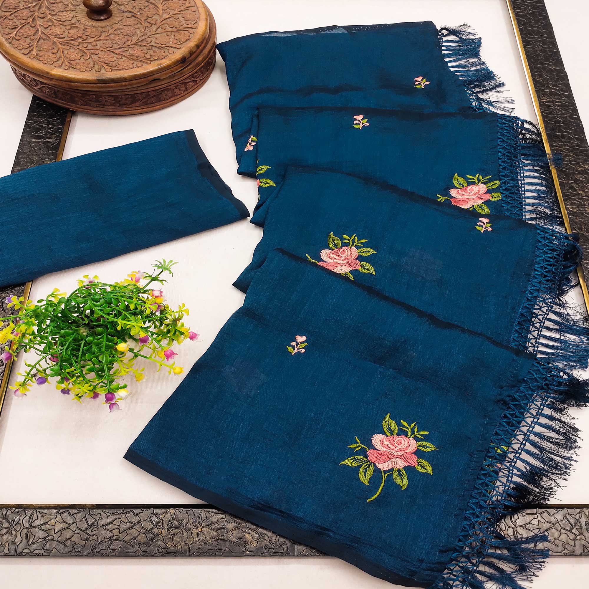 Peachmode Morpich Blue Floral Embroidered Vichitra Silk Saree With Tassels