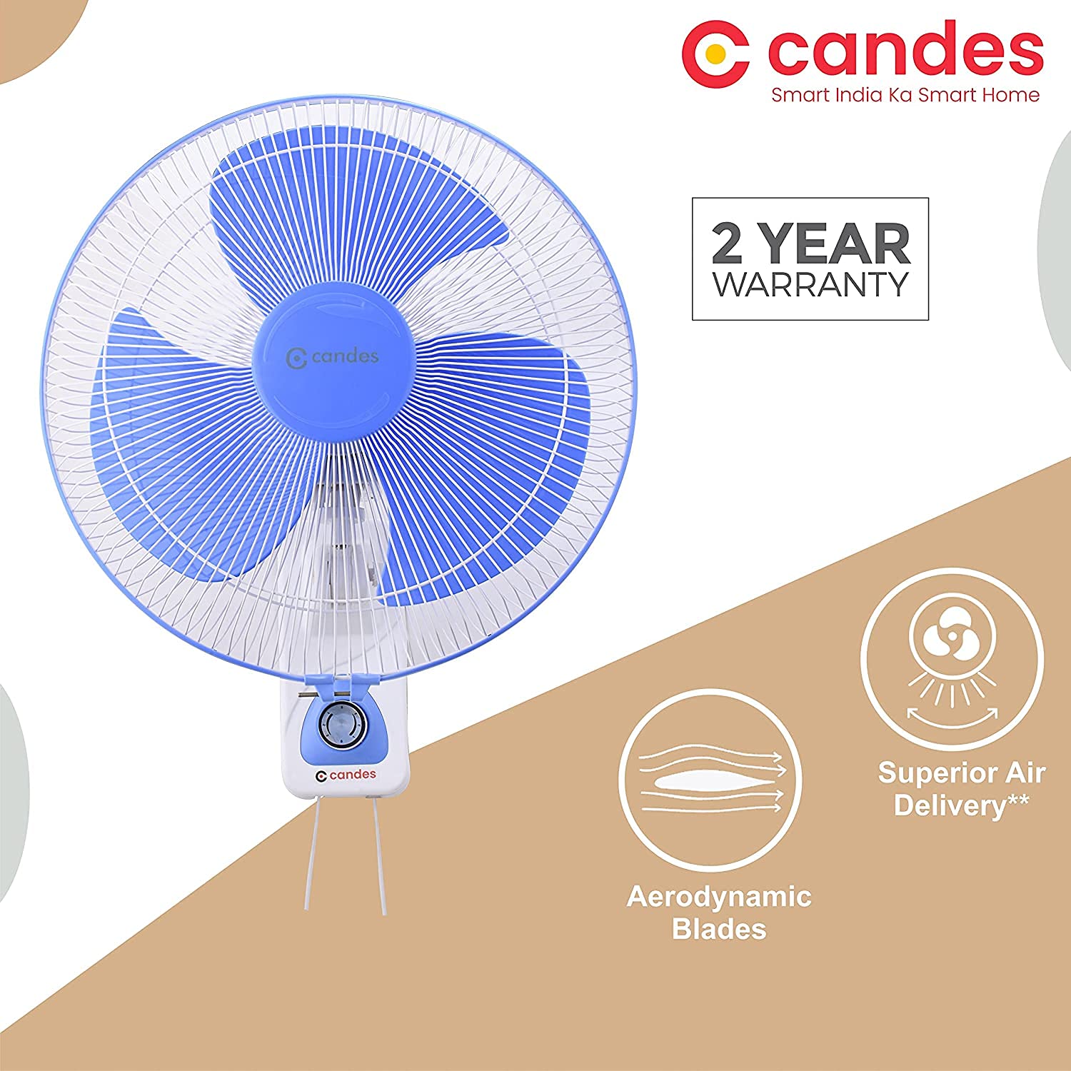 Candes Aura 3 Blade Automatic Oscillation Wall Fan With 2 Year Warranty (White Blue, 300mm) - view 3