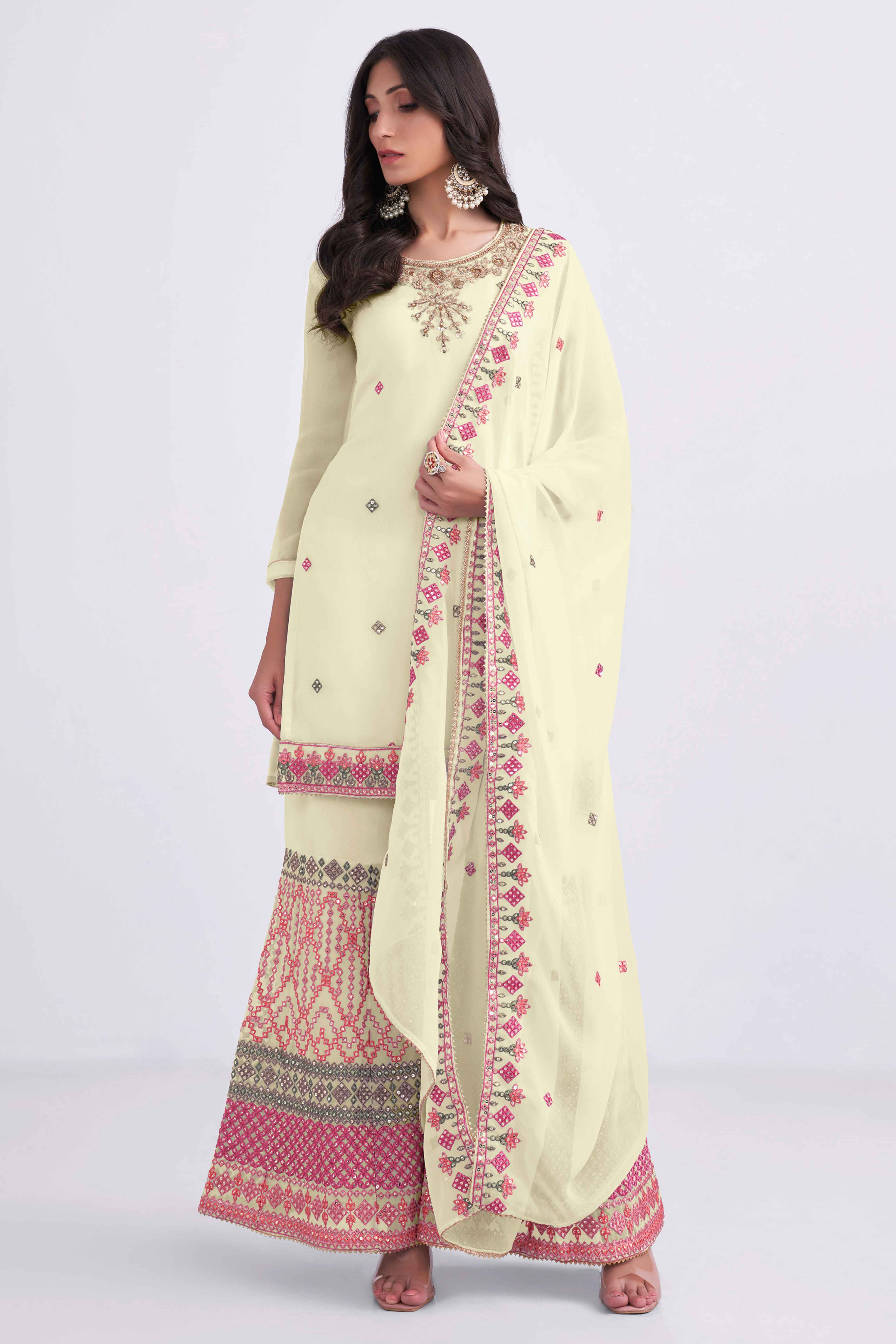 Peachmode Seller Light Yellow Sequins Embroidered With Stonework Georgette Semi Stitched Suit