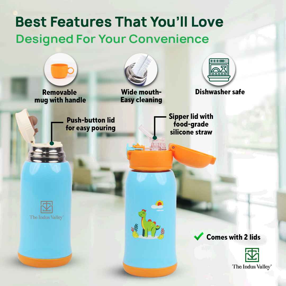 The Indus Valley Premium Stainless Steel Vacuum Insulated School Kid Water Bottle, Silicone Sippy & Bag,Leakproof Lid - view 6