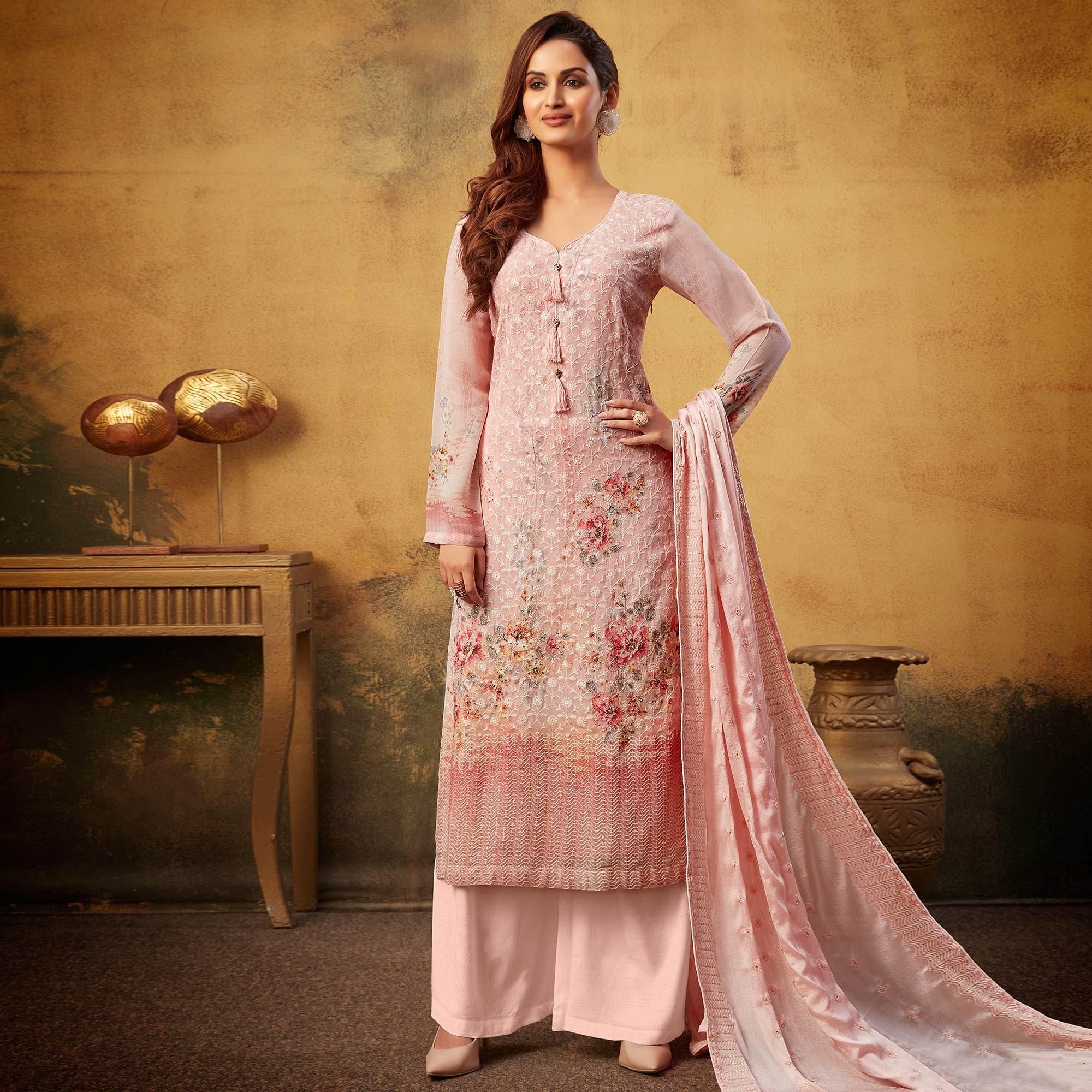 Peachmode Eye-catching Peach Colored Embroidered With Digital Printed Partywear Viscose Bemberg Georgette Palazzo Suit