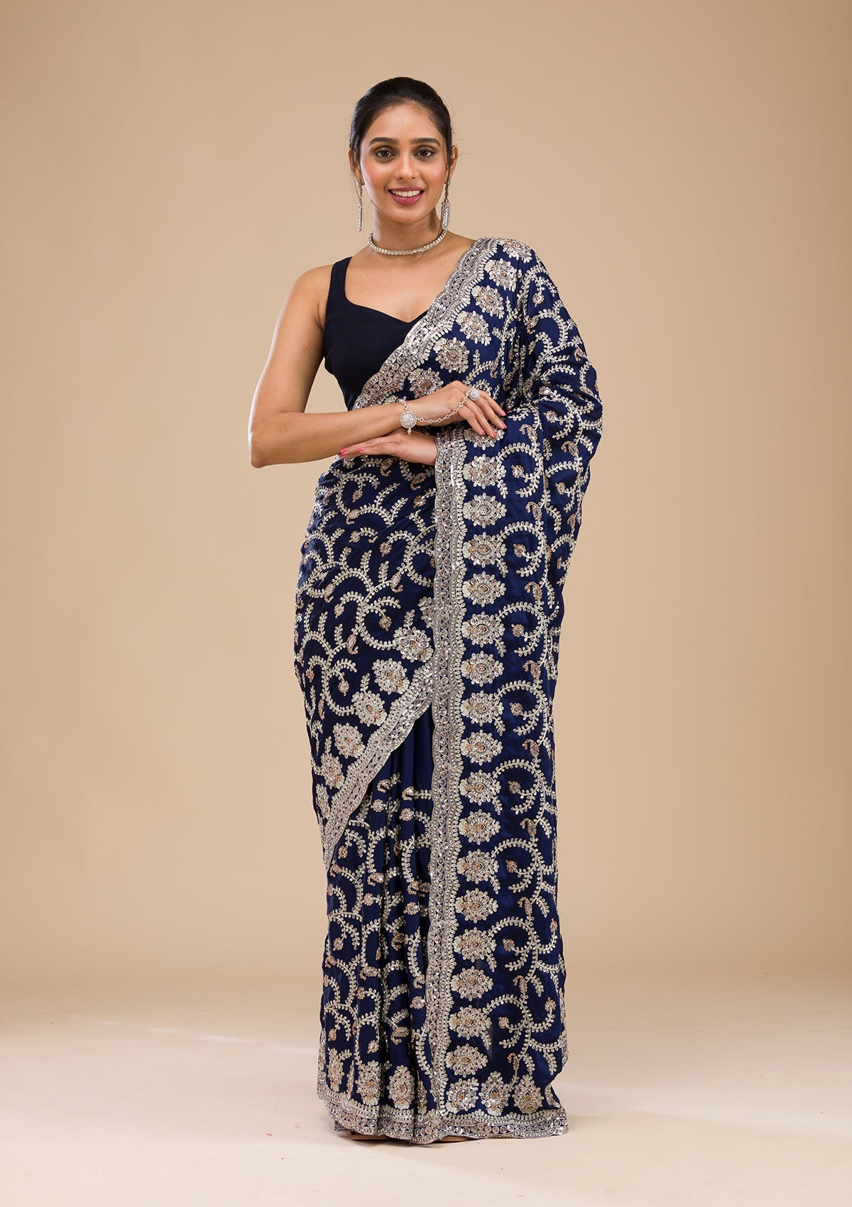 Koskii Navy Blue Zariwork Georgette Saree – Women's - view 3
