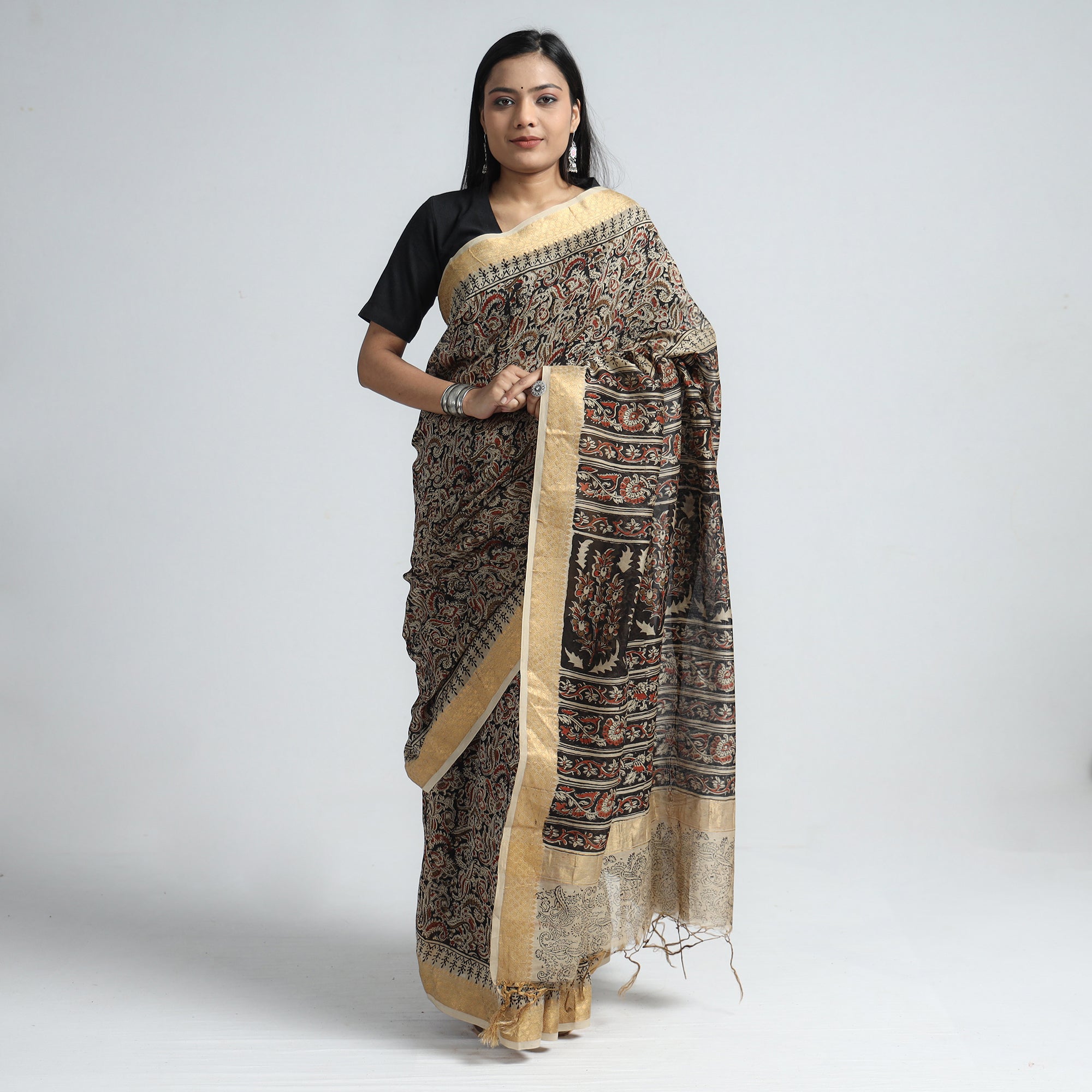VENKATA BHANU KALAMKARI PEDANA Black - Original Pedana Kalamkari Block Print Silk Saree