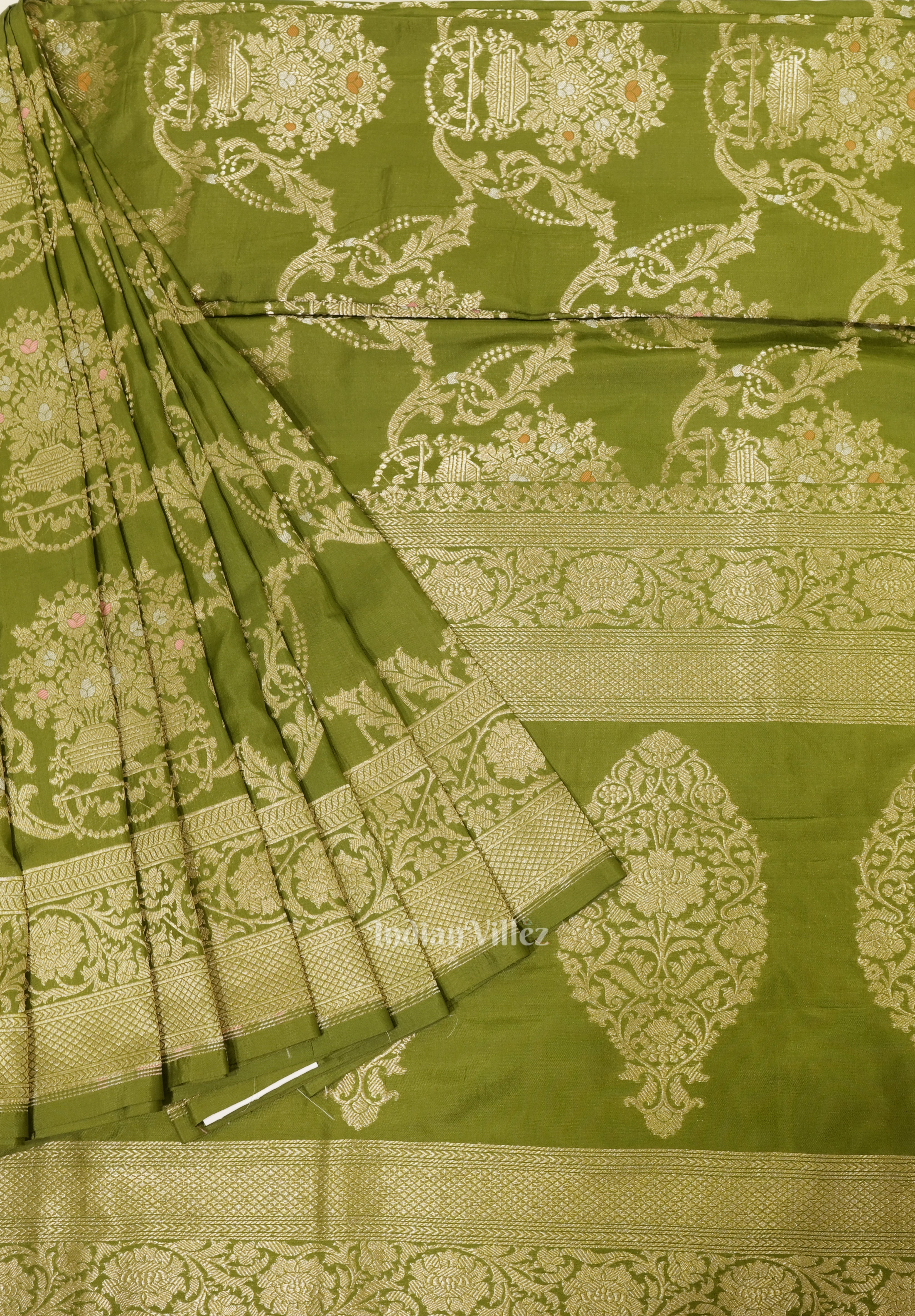 IndianVillèz Green Meenakari Banarasi Katan Silk Saree