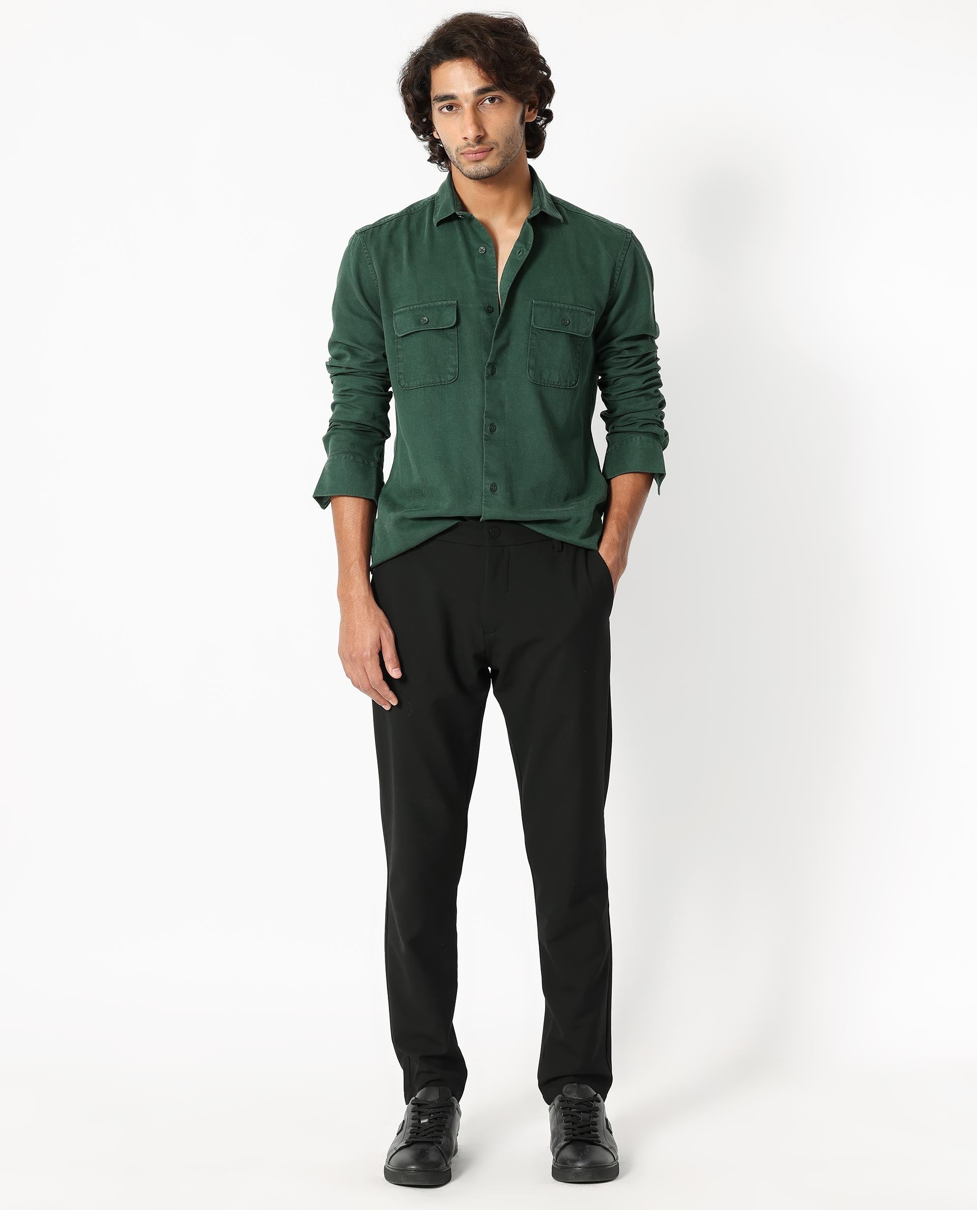 Rare Rabbit Men's Lyton Dark Green Cotton Fabric Full Sleeves Solid Twill Shirt - view 4