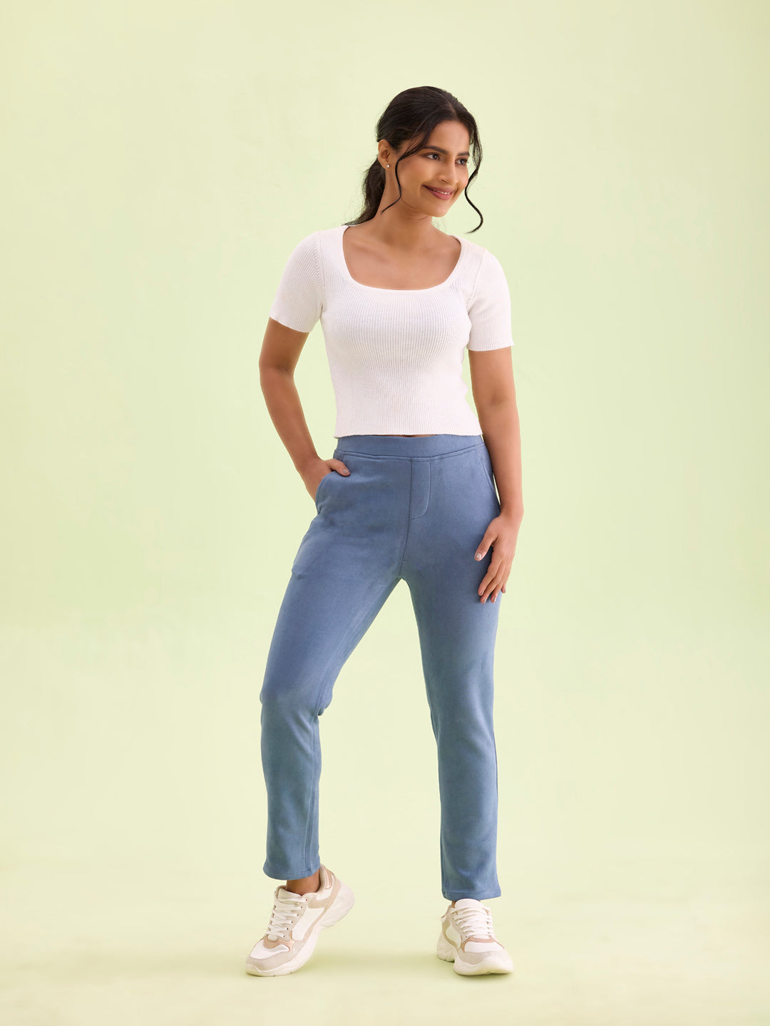 Go Colors Women Solid Dark Jean Blue Mid Rise Suede Treggings - view 5