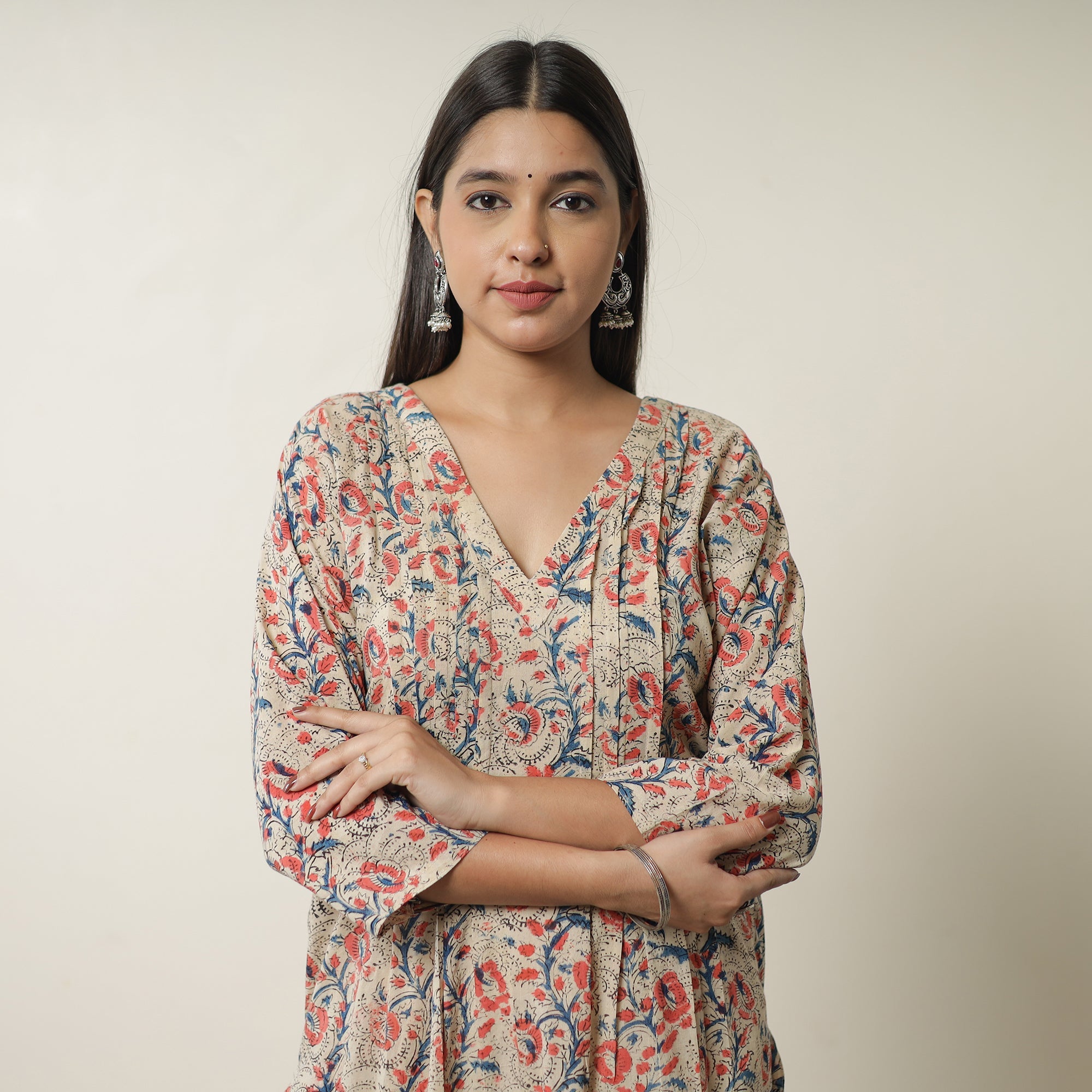 ITOKRI CASUALS Beige - Pedana Kalamkari Block Printed Cotton Pintuck Straight Kurta 17