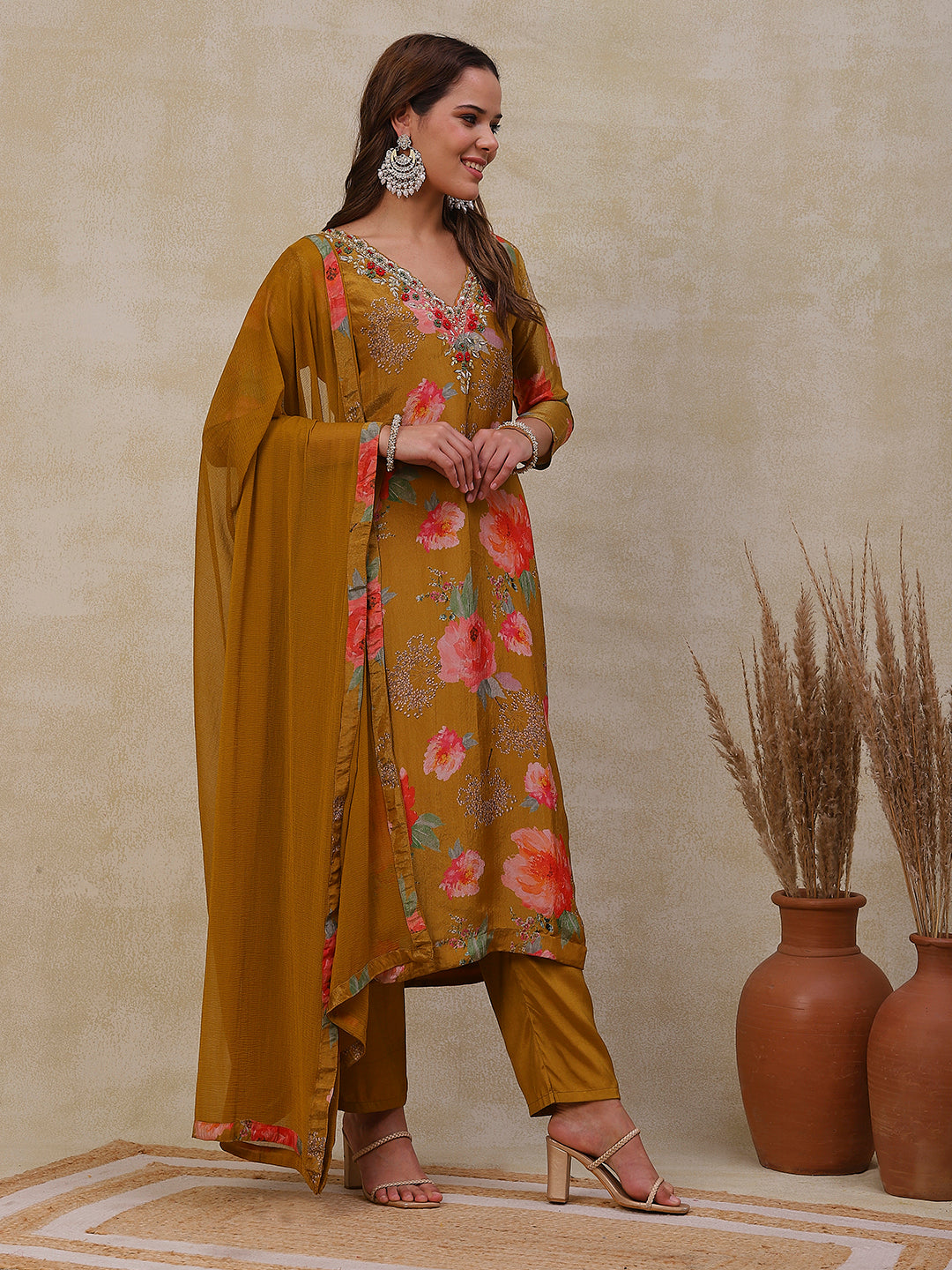 Fashor Floral Printed Zardozi Embroidered shimmer Kurta with Pants & Dupatta - Mustard - view 4