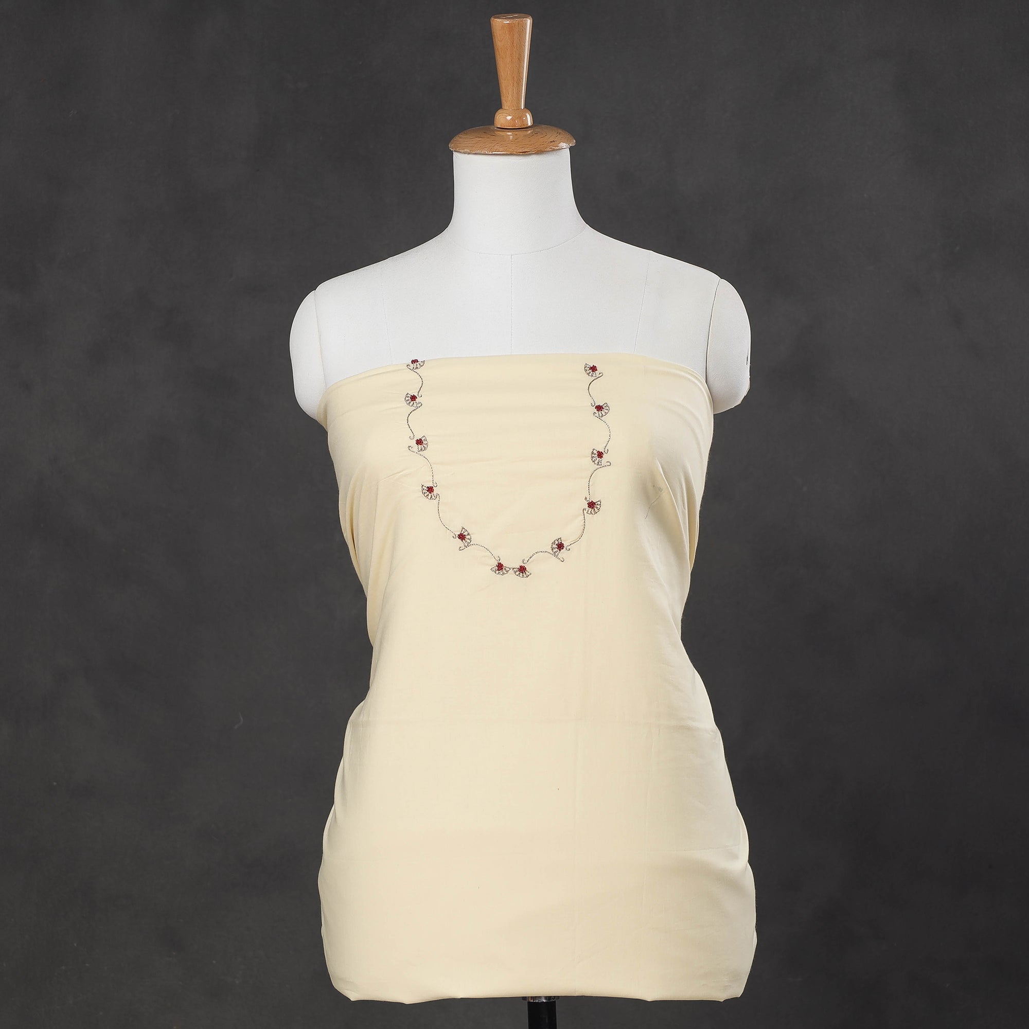 NOORI BAZAR Beige - Hand Embroidery Plain Cotton Kurta Material - 3 Meter