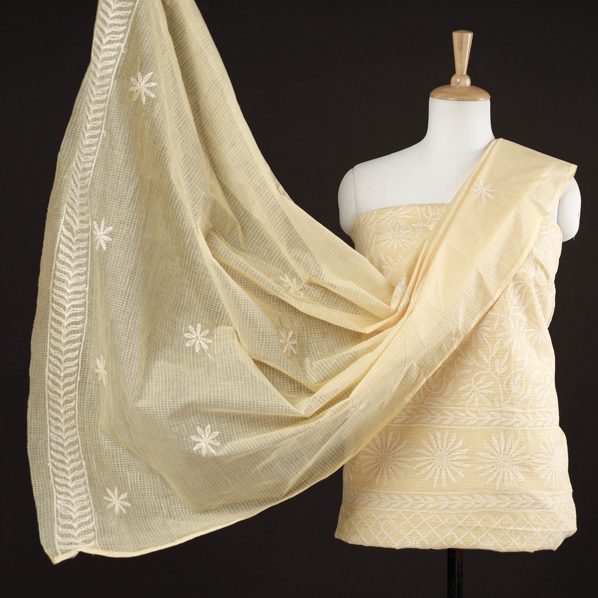 ITOKRI CRAFTS INITIATIVE Beige - 2pc Hand Embroidery Kota Doria Chikankari Dress Material