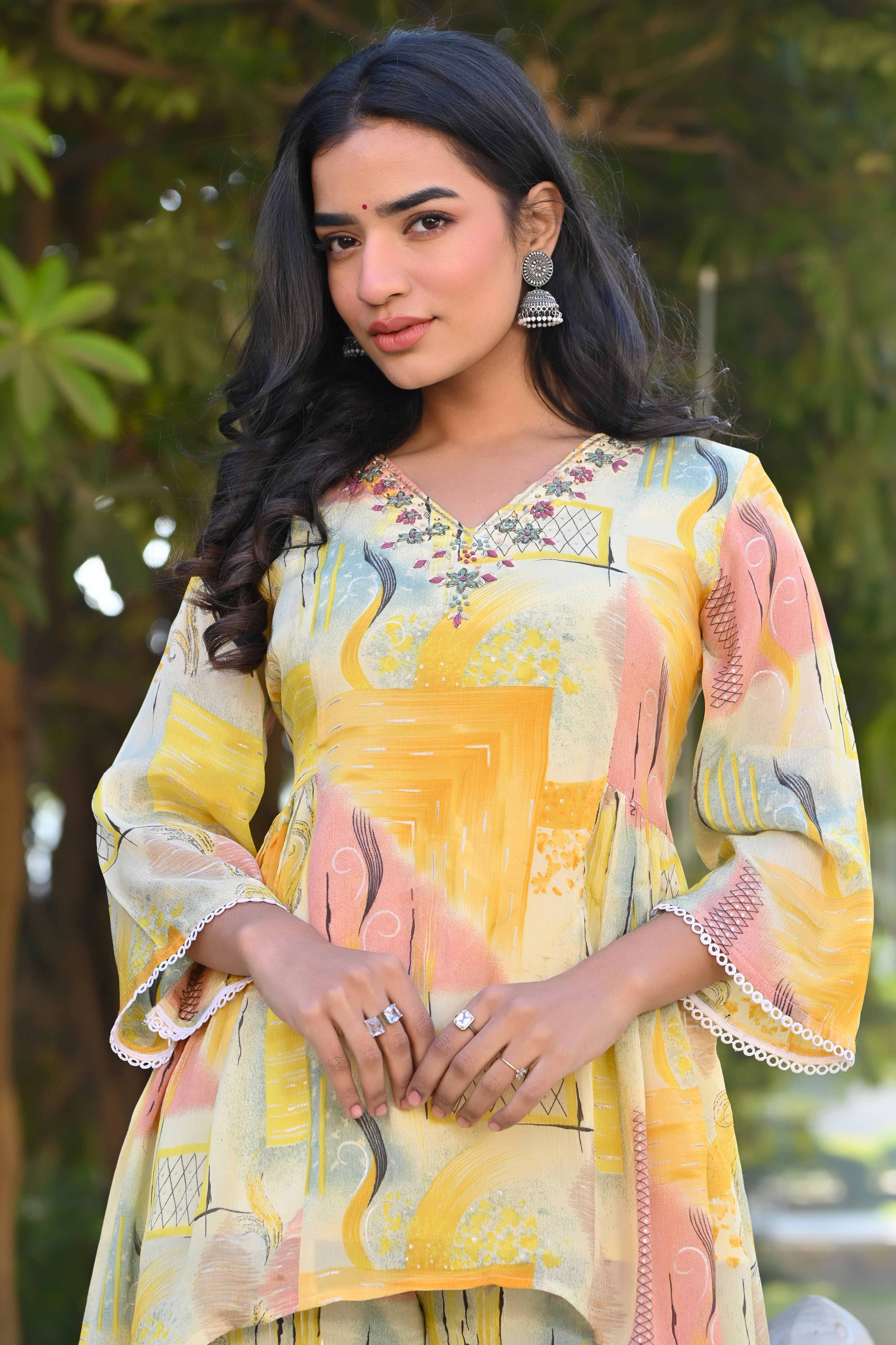 Peachmode Cream & Yellow Printed With Embroidered Pure Chinon A-Line Co-Ord Set - view 8