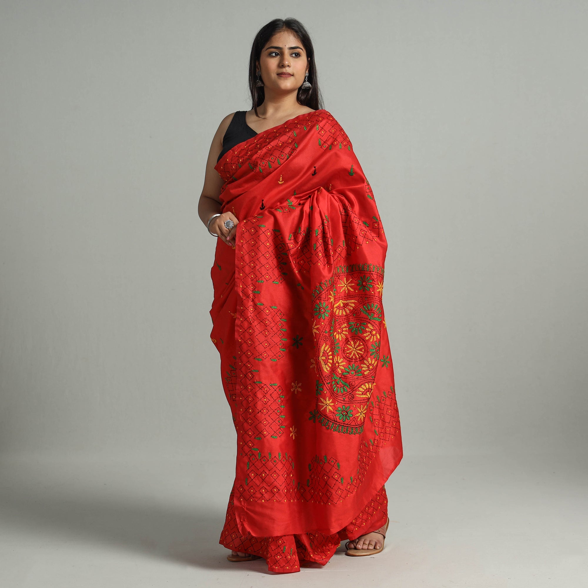 ITOKRI CRAFTS INITIATIVE Red - Bengal Nakshi Kantha Embroidery Silk Saree 63 - view 2