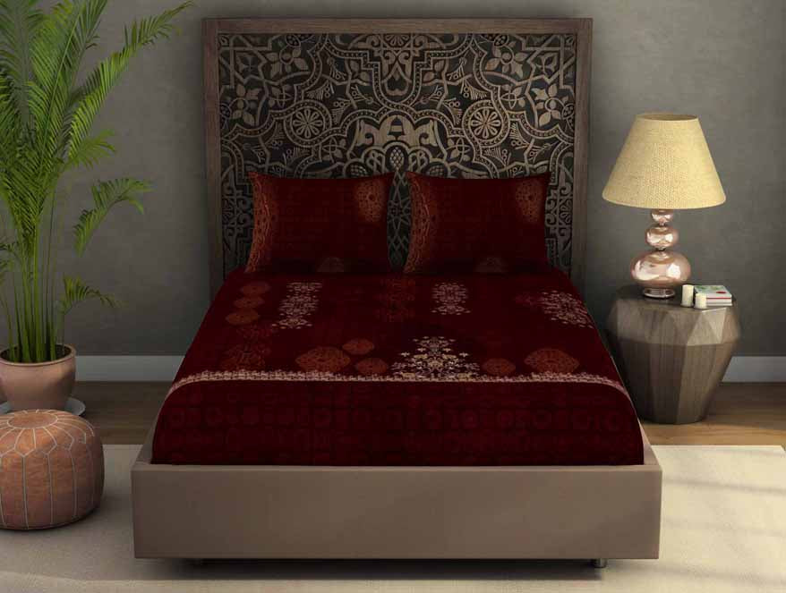Spaces India Ornate Dark Red 100% Cotton King Size Bedsheet Rangana Digital - By Spaces
