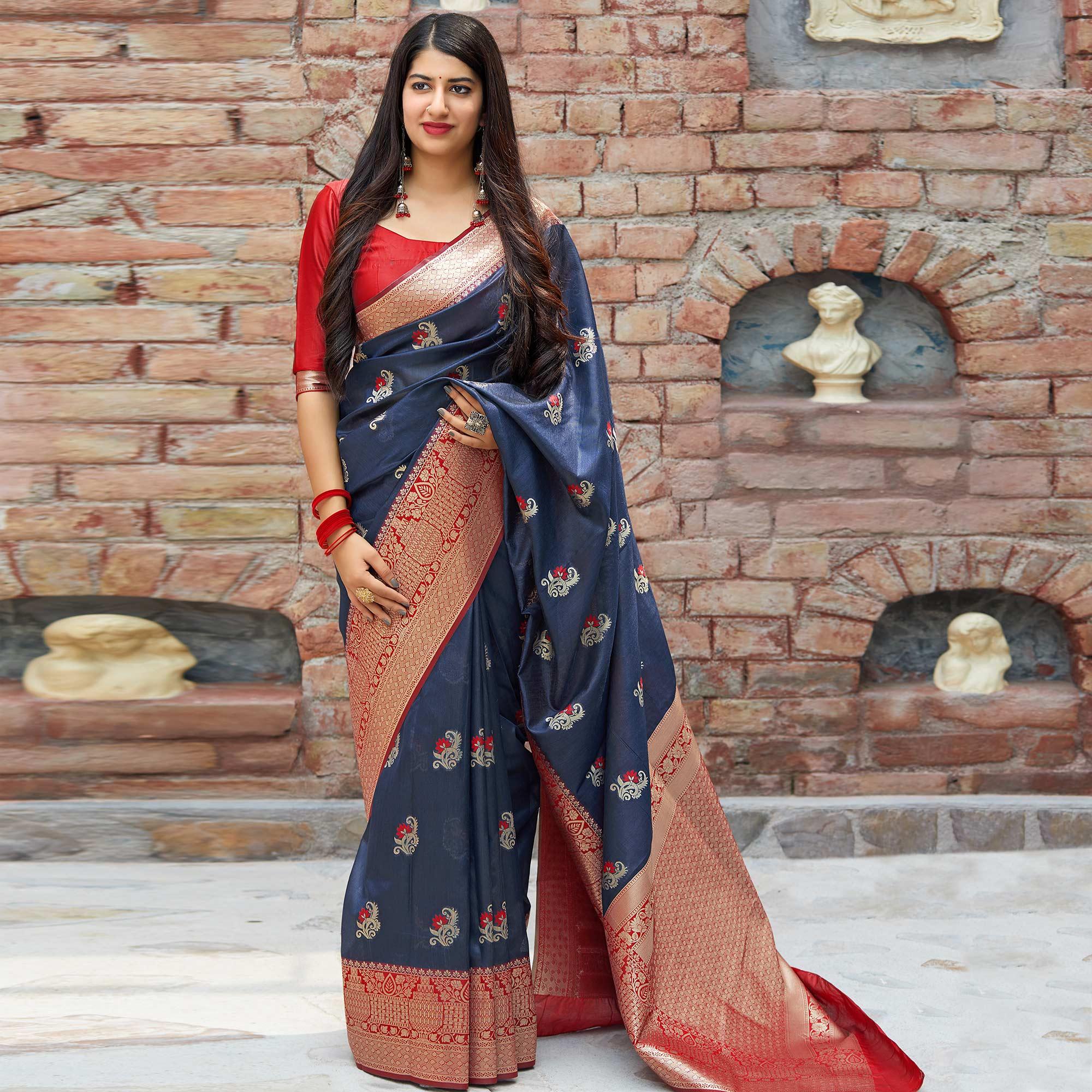 Peachmode Innovative Blue Colored Festive Wear Woven Banarasi Silk Saree