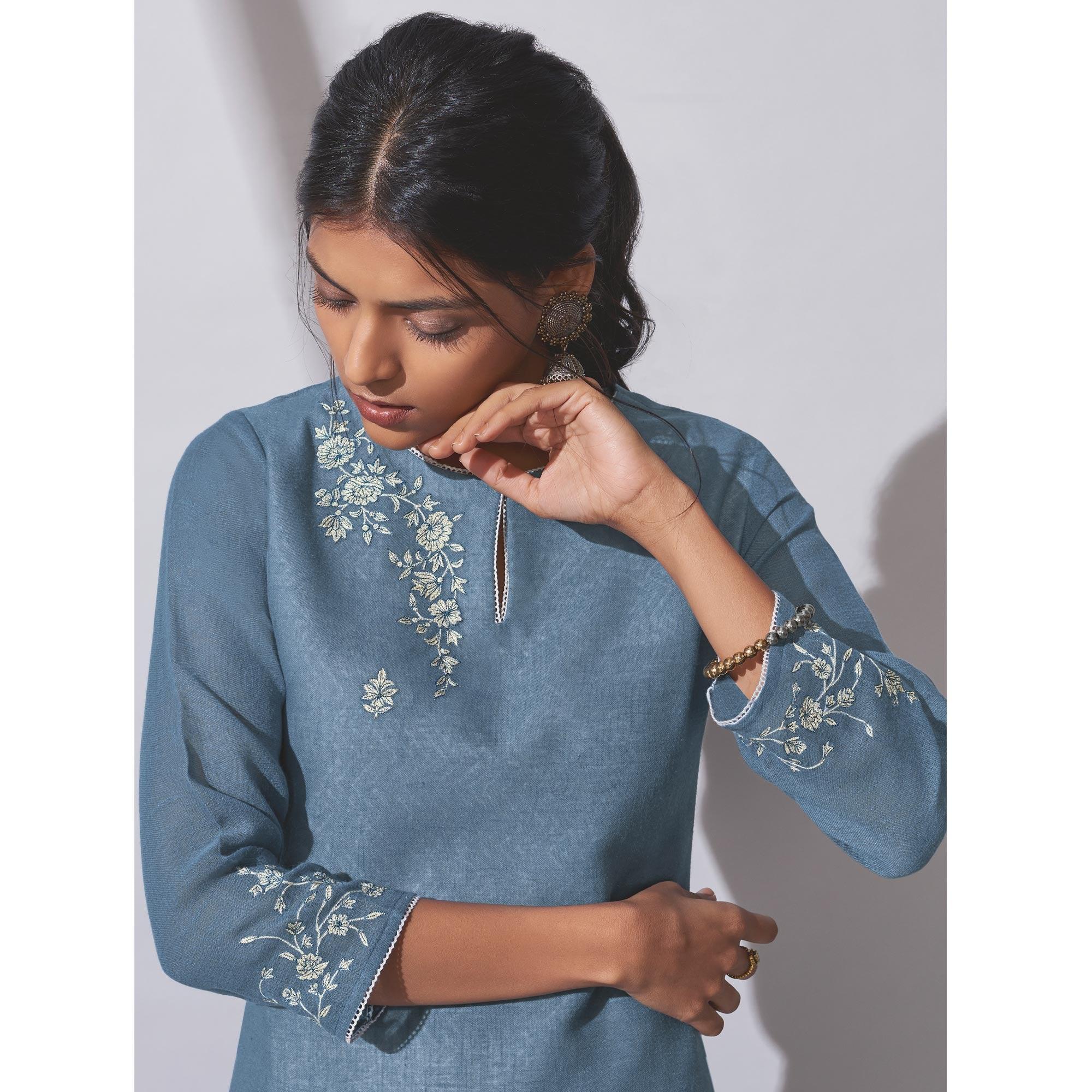 Peachmode Seller Glorious Blue Colored Party Wear Embroidered Khadi Cotton Kurti-Palazzo Set - view 2