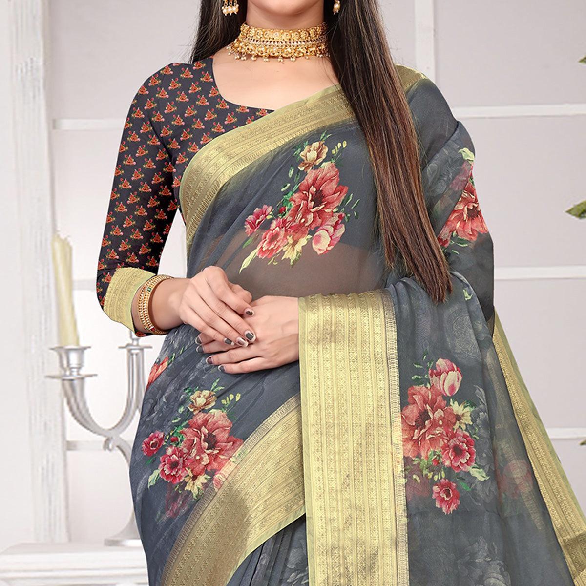 BlackTree grey-party-wear-floral-digital-printed-with-jacquard-border-soft-georgette-saree-111682 - view 2