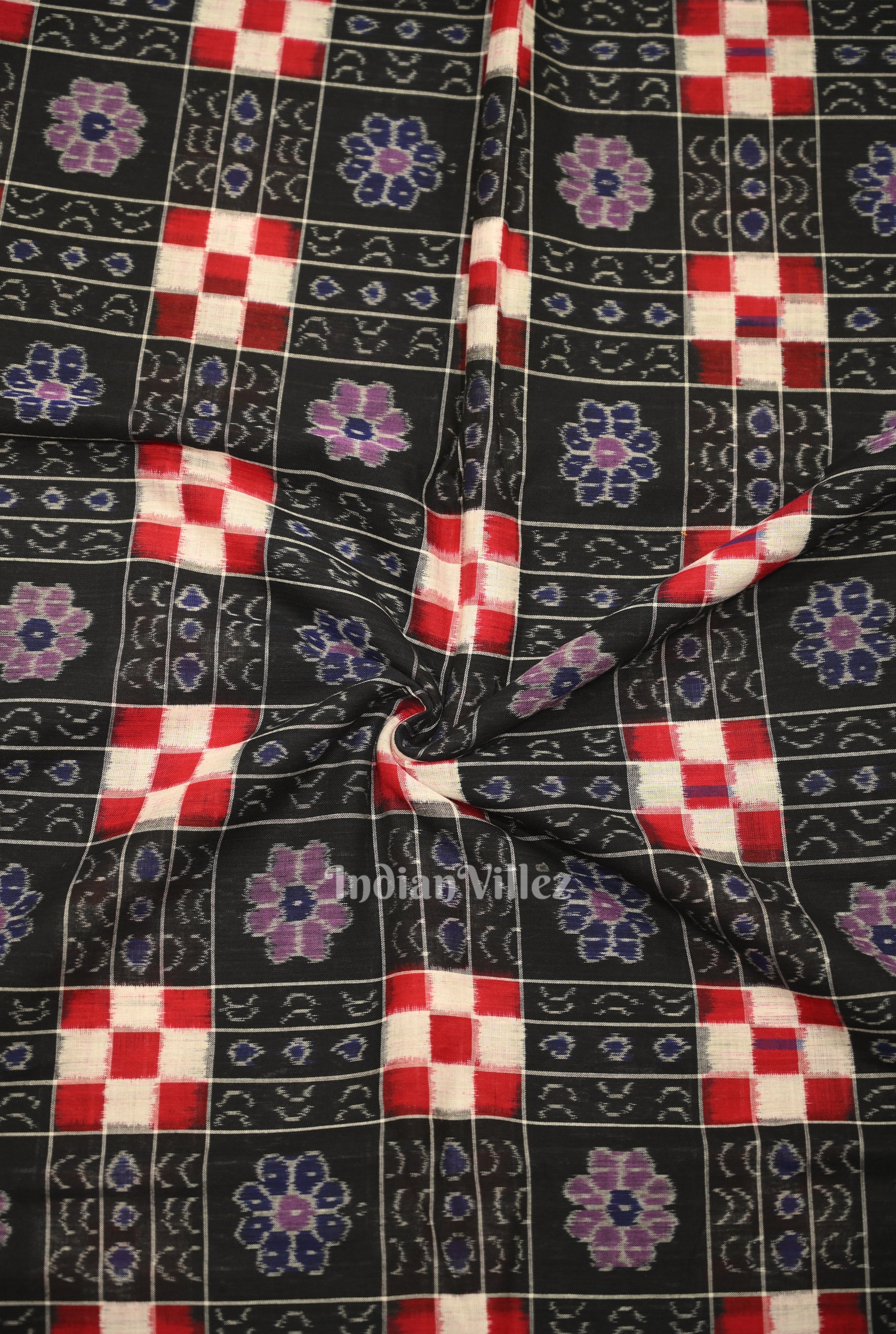 IndianVillèz Black with MultiColor Pasapali Theme Sambalpuri Ikat Cotton Fabric
