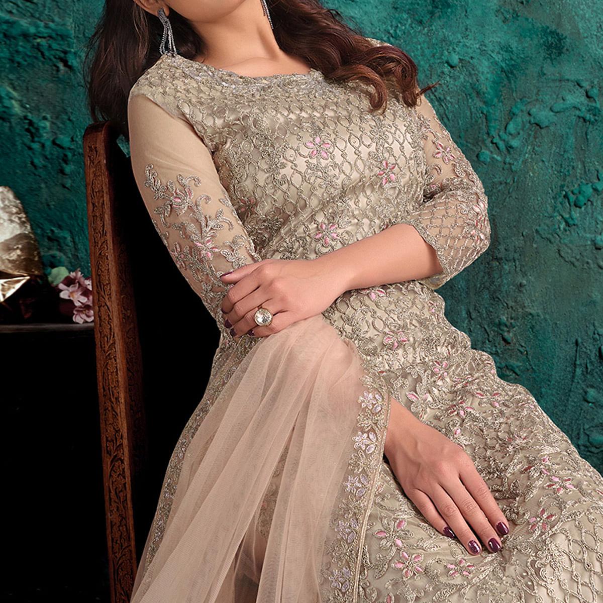 Peachmode Cream Floral Embroidered Work Net Pakistani Suit - view 3