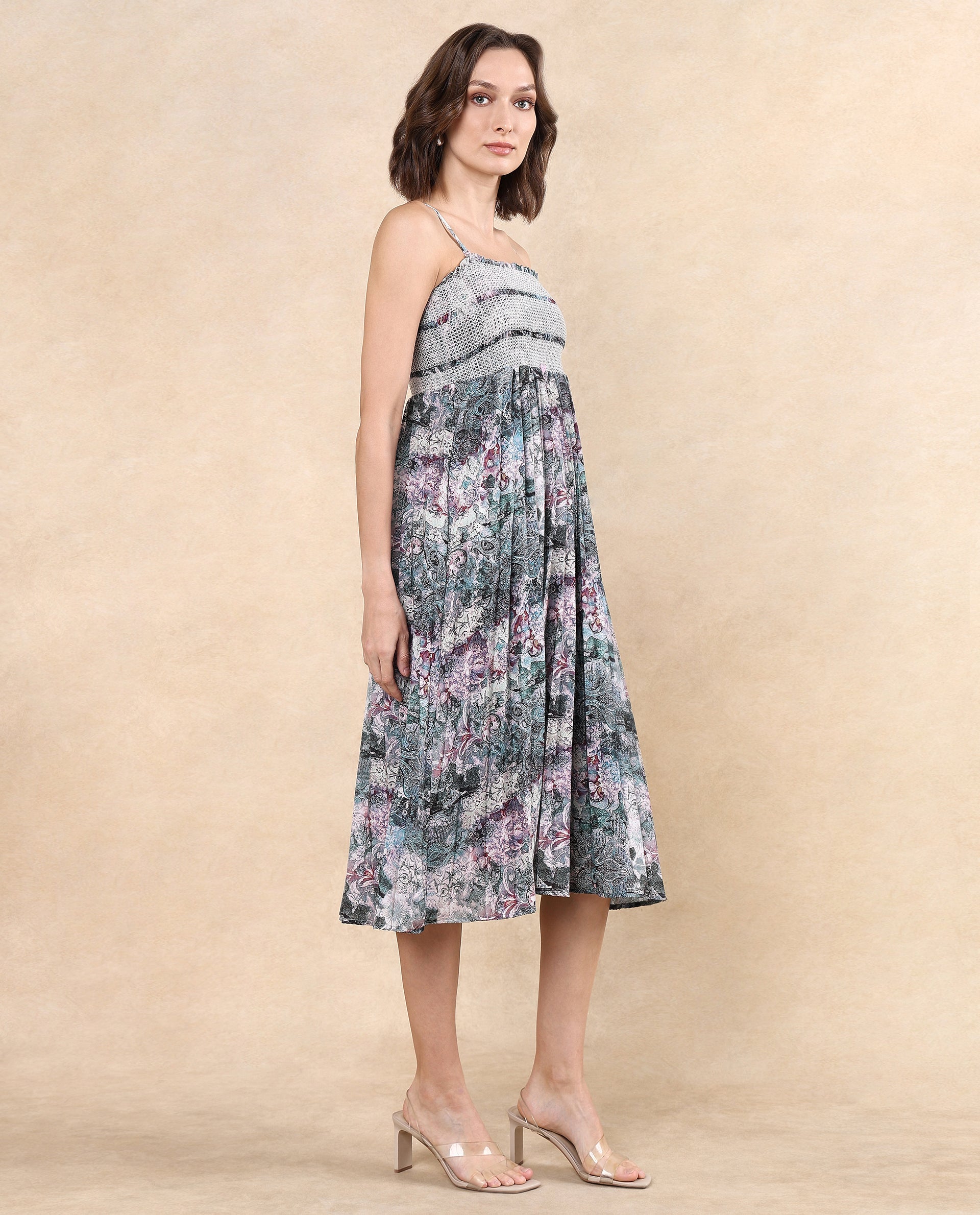 Rareism Women Phanks Multi Polyester Fabric Sleeveless Tube Neck Fit And Flare Midi Abstract Print Dress - view 5