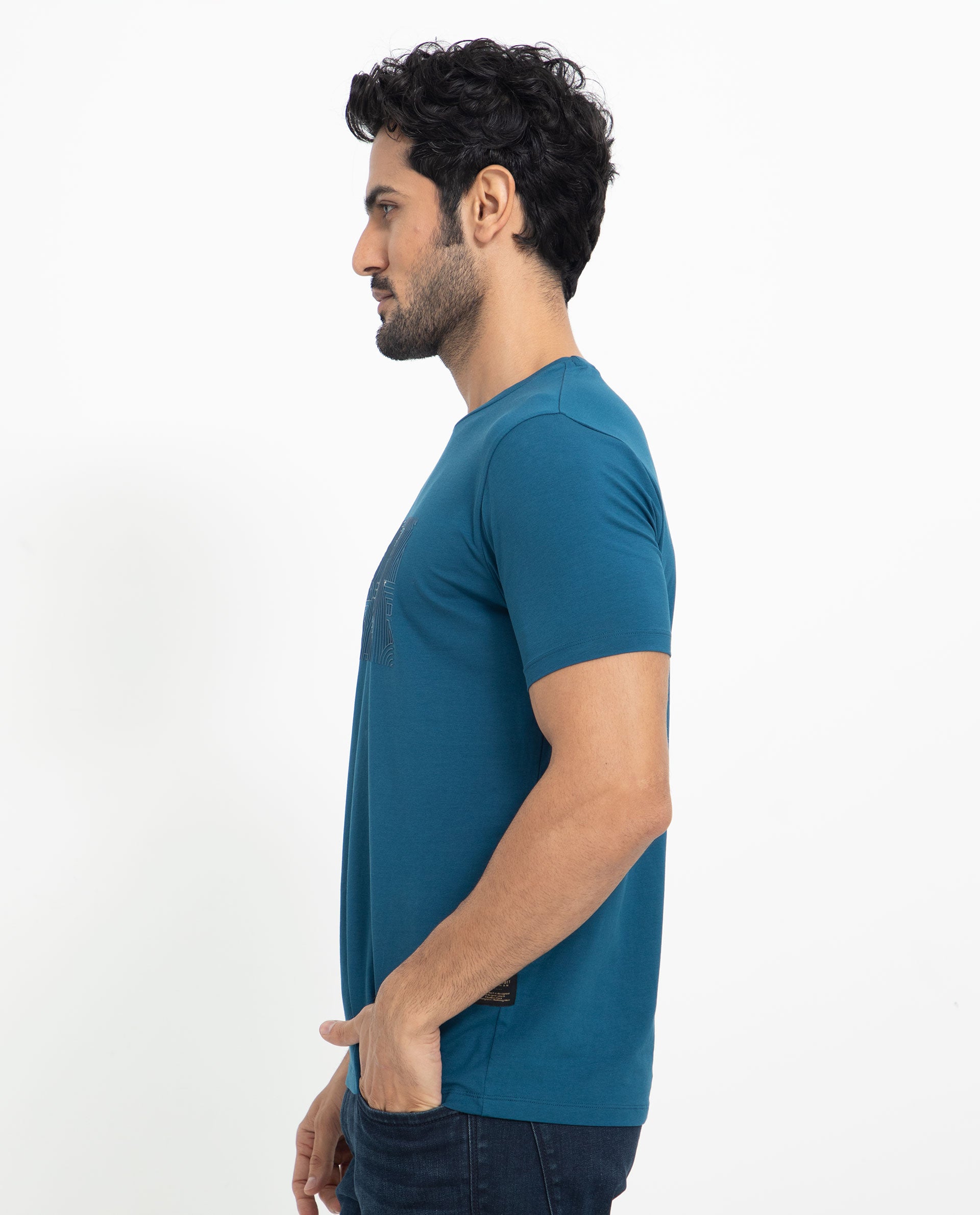 Rare Rabbit Men's Alanet Teal Crew Neck Foil HD Print Branding Half Sleeves Regular Fit T-Shirt - view 8