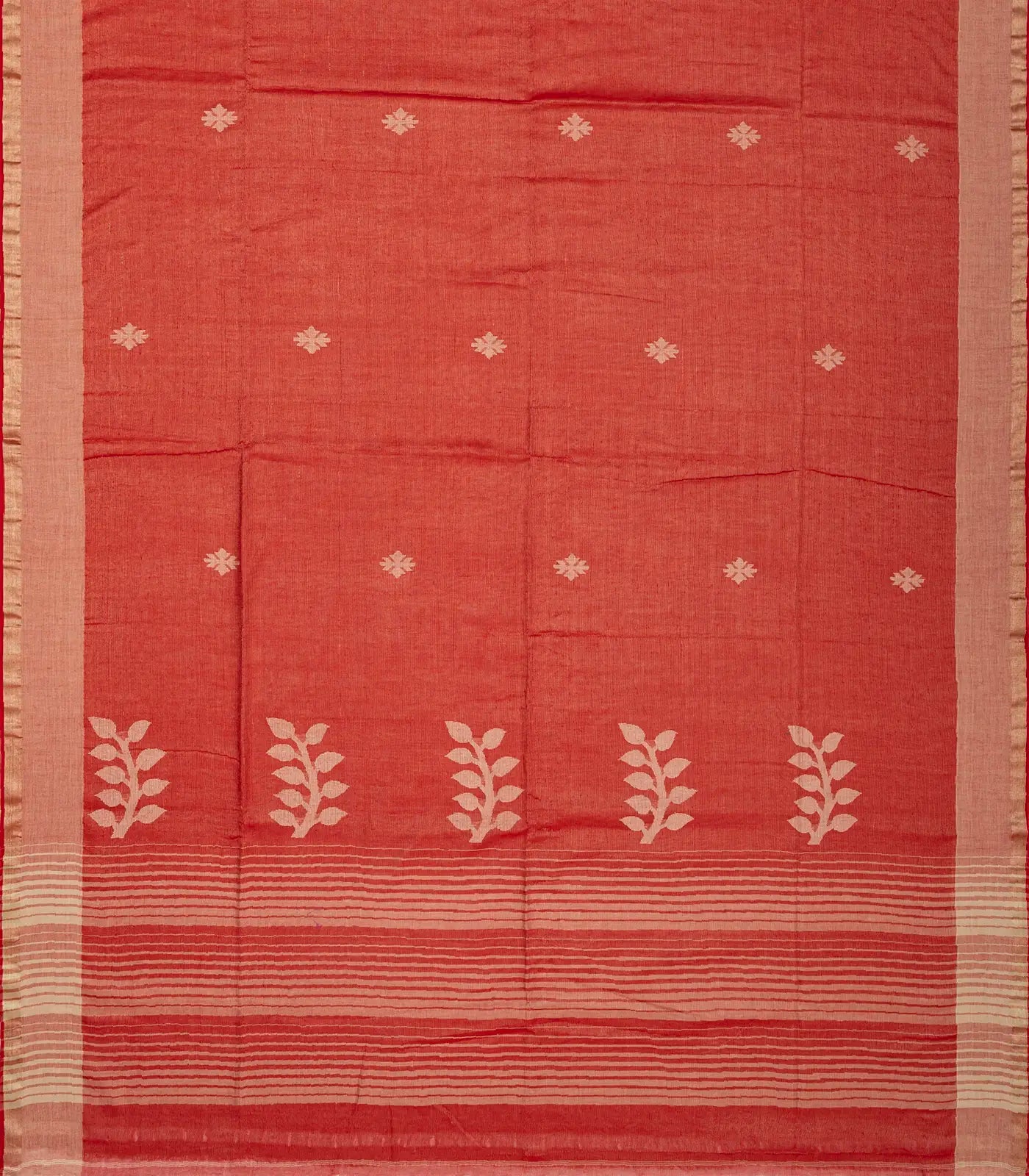 RmKV Red Handloom Bengal Cotton Saree With Floral Buttas & Stripes - view 2