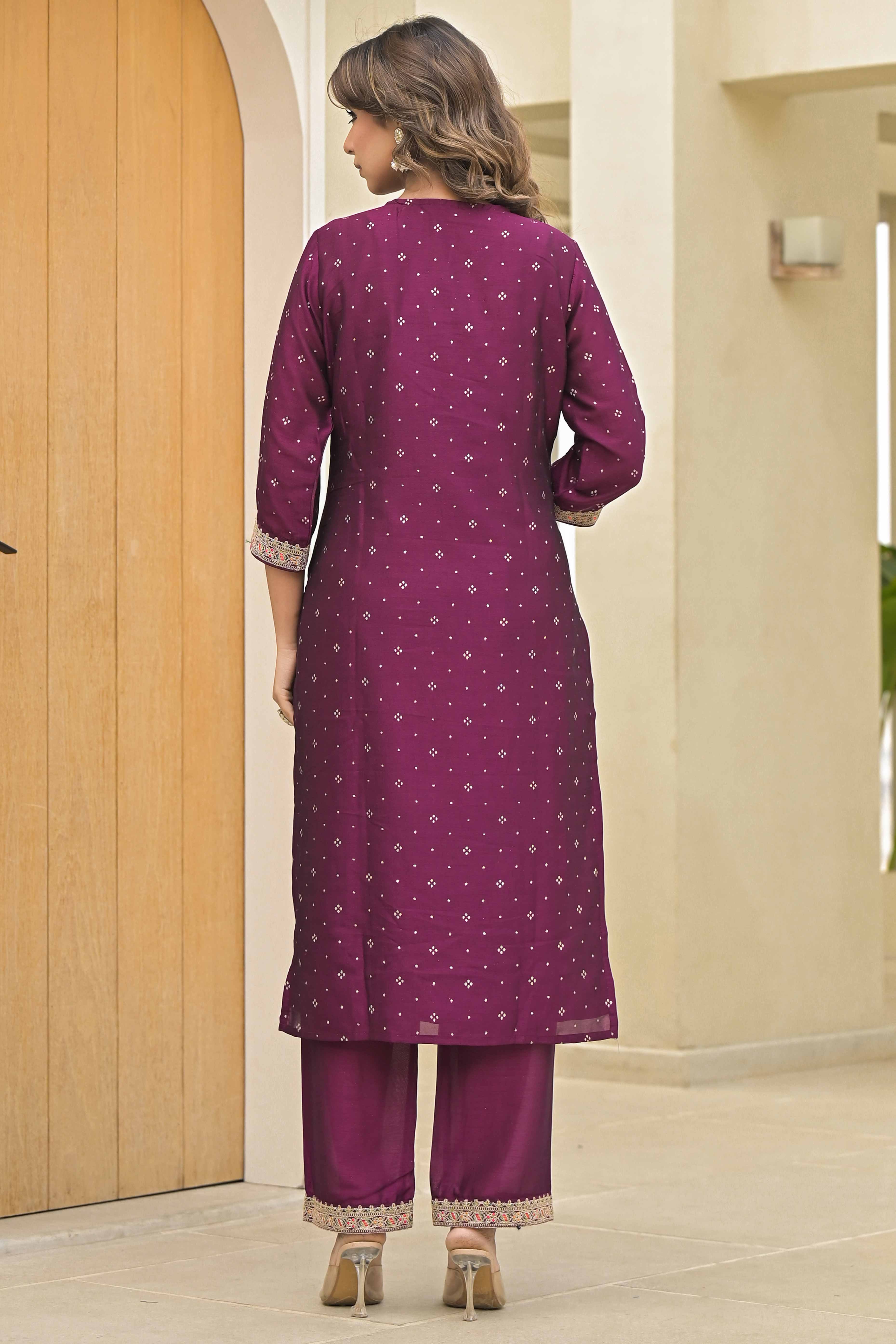 Peachmode Dark Purple Golden Embroidered Vichitra Silk Salwar Suit - view 7