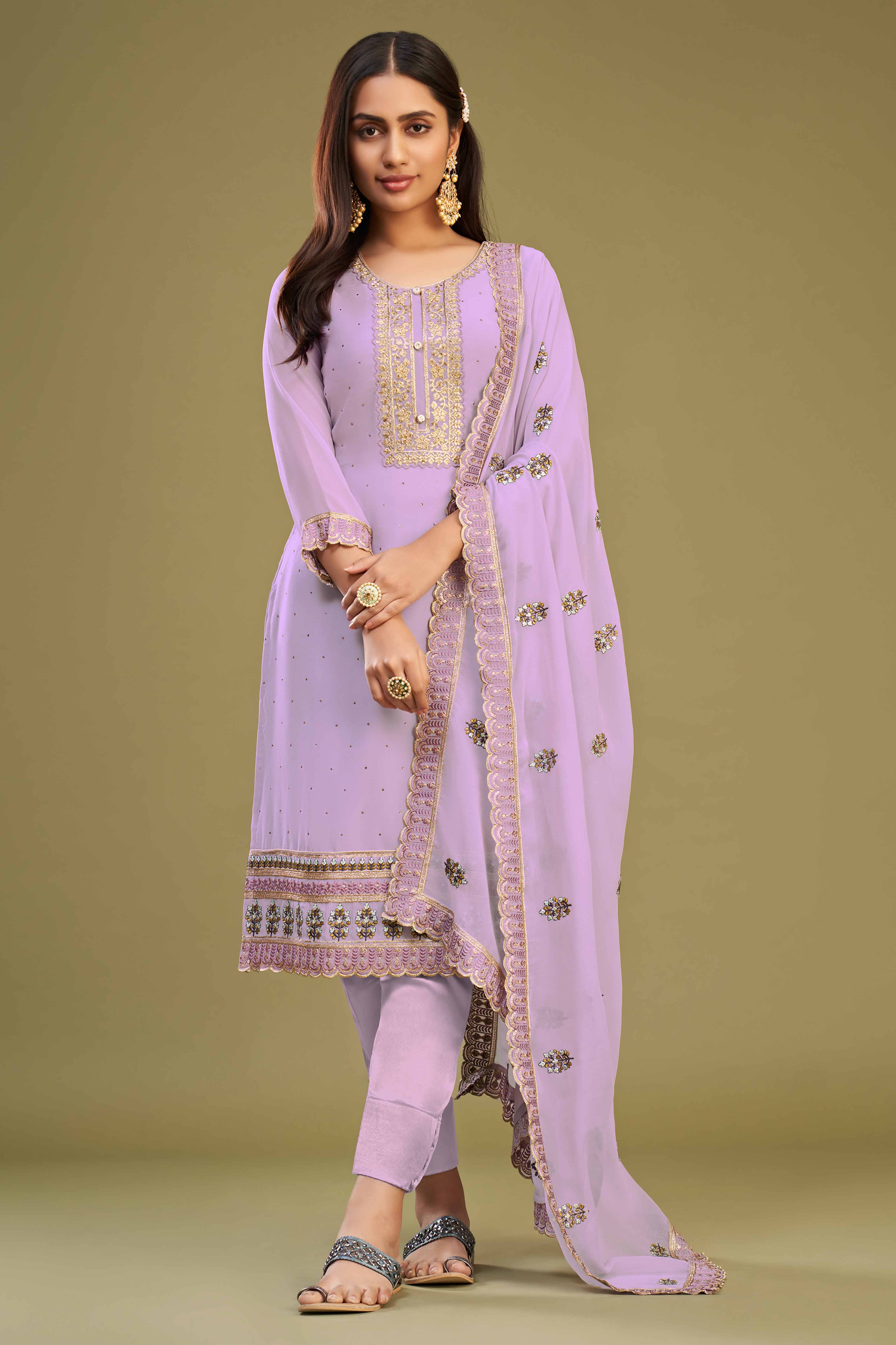 Peachmode Seller Lavender Floral Embroidery With Swarovski Work Georgette Semi Stitched Suit